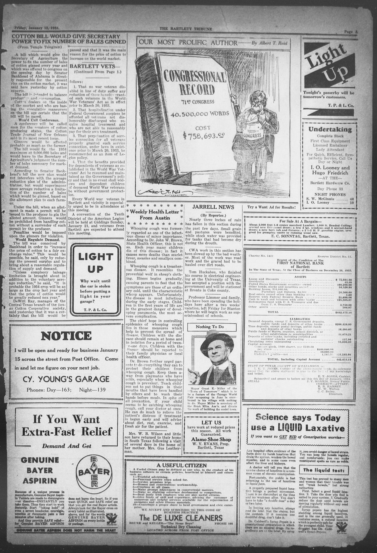 The Bartlett Tribune and News (Bartlett, Tex.), Vol. 47, No. 19, Ed. 1, Friday, January 12, 1934
                                                
                                                    [Sequence #]: 3 of 4
                                                