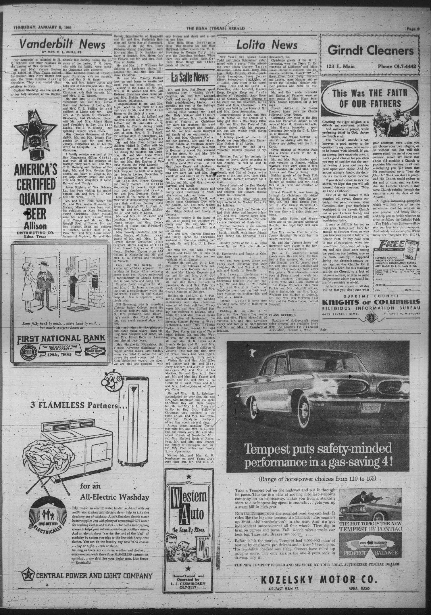 The Edna Herald (Edna, Tex.), Vol. 55, No. 10, Ed. 1 Thursday, January 5, 1961
                                                
                                                    [Sequence #]: 9 of 12
                                                