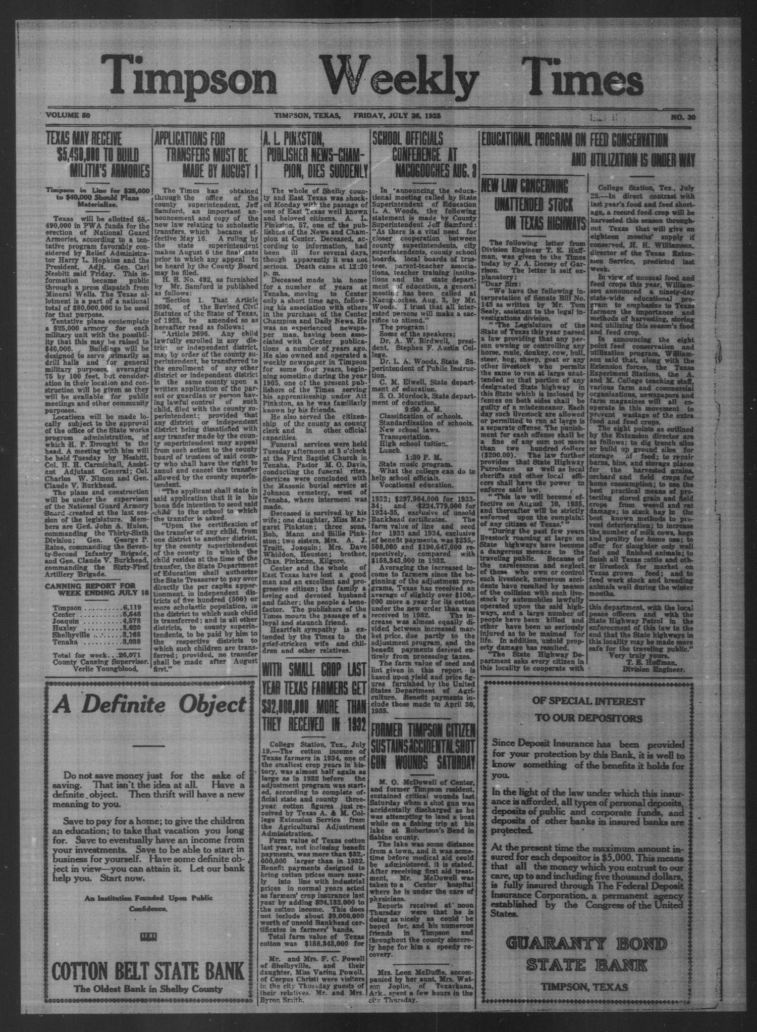 Timpson Weekly Times (Timpson, Tex.), Vol. 50, No. 30, Ed. 1 Friday, July 26, 1935
                                                
                                                    [Sequence #]: 1 of 8
                                                