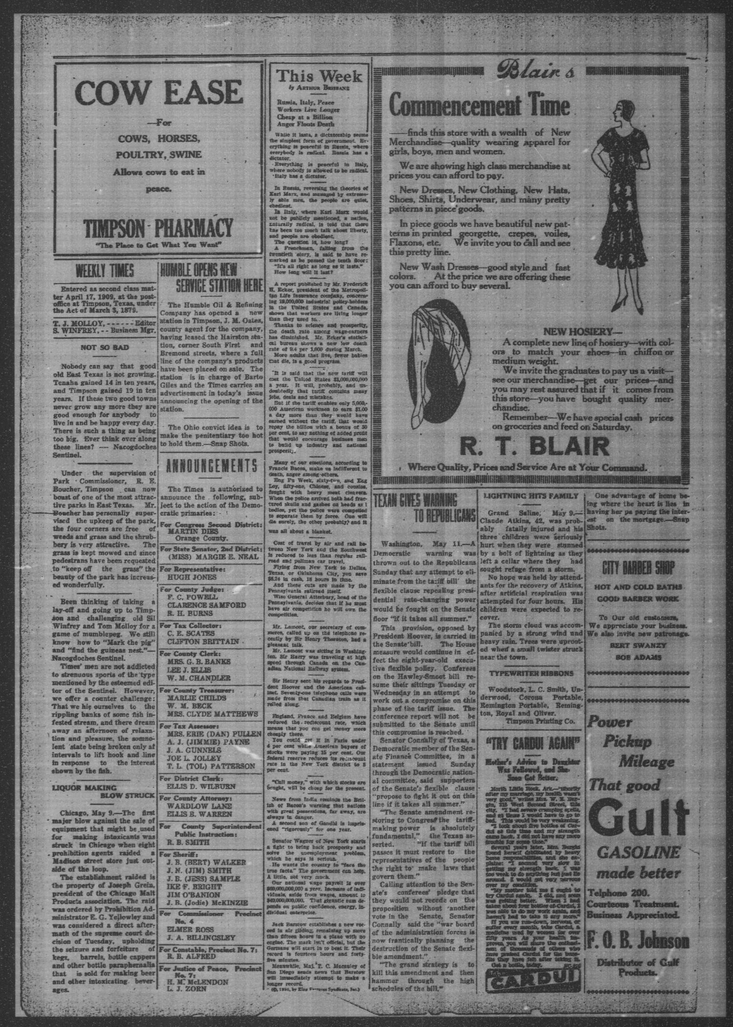 Timpson Weekly Times (Timpson, Tex.), Vol. 45, No. 20, Ed. 1 Friday, May 16, 1930
                                                
                                                    [Sequence #]: 2 of 8
                                                
