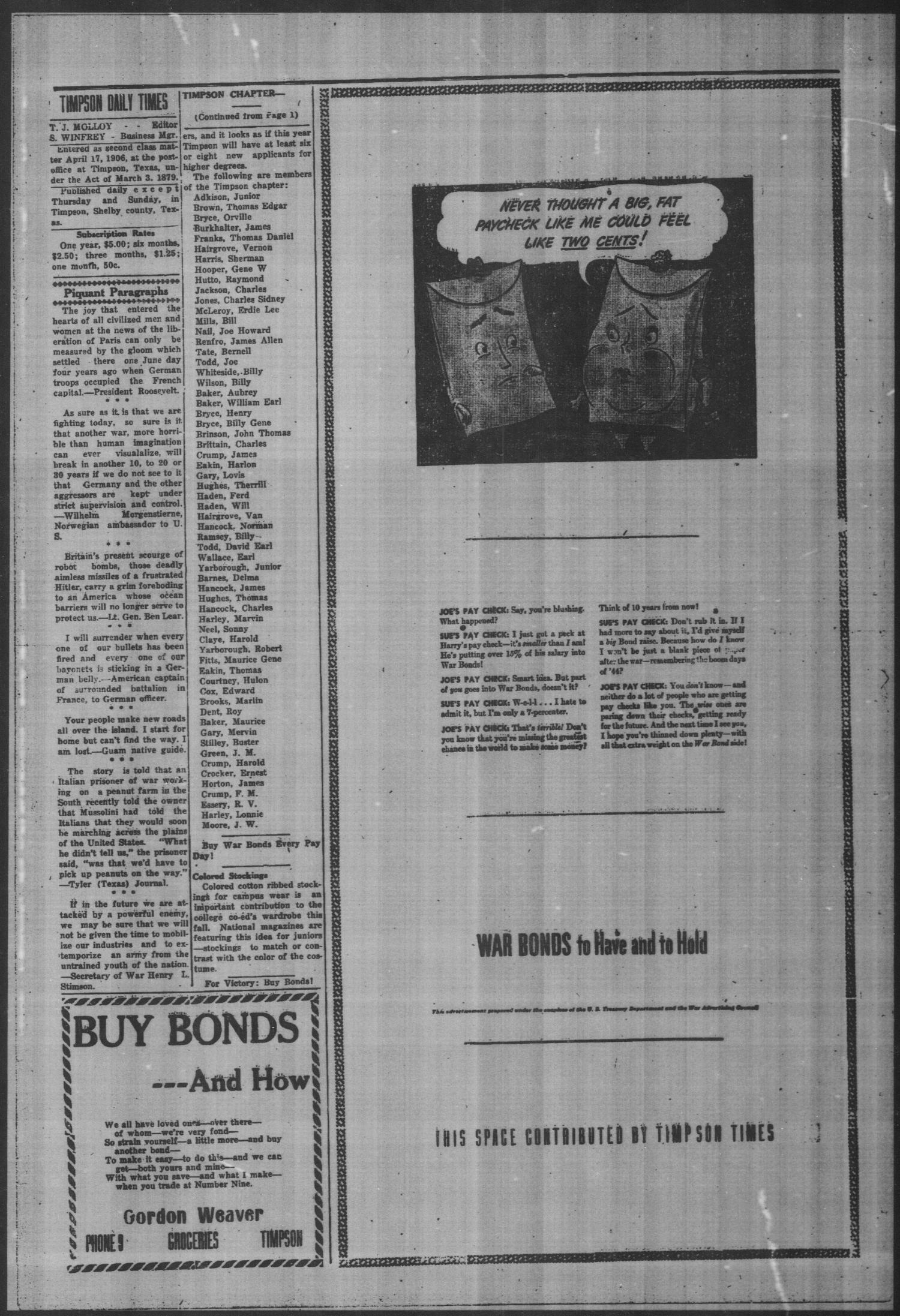 Timpson Daily Times Timpson Tex Vol 43 No 177 Ed 1 Saturday September 9 1944 Page 2 Of 4 The Portal To Texas History