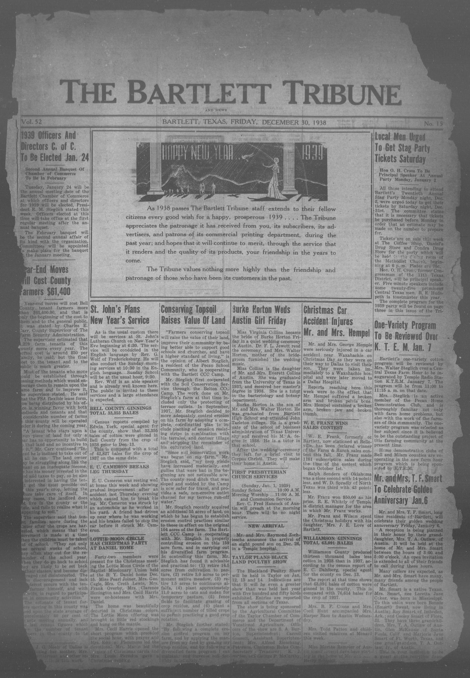 The Bartlett Tribune and News (Bartlett, Tex.), Vol. 52, No. 15, Ed. 1, Friday, December 30, 1938
                                                
                                                    [Sequence #]: 1 of 6
                                                