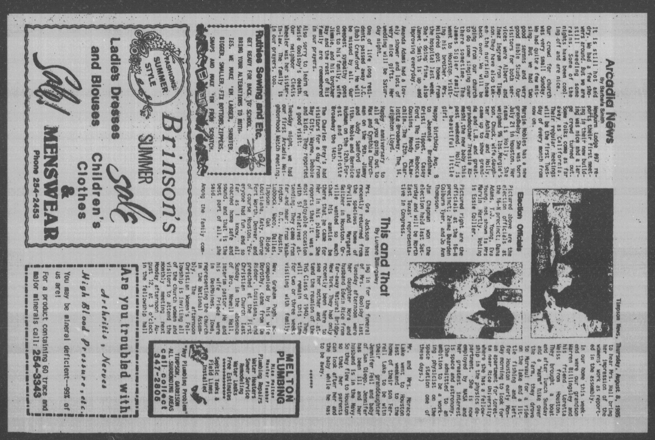 Timpson News (Timpson, Tex.), Vol. 1, No. 31, Ed. 1 Thursday, August 8, 1985
                                                
                                                    [Sequence #]: 2 of 8
                                                