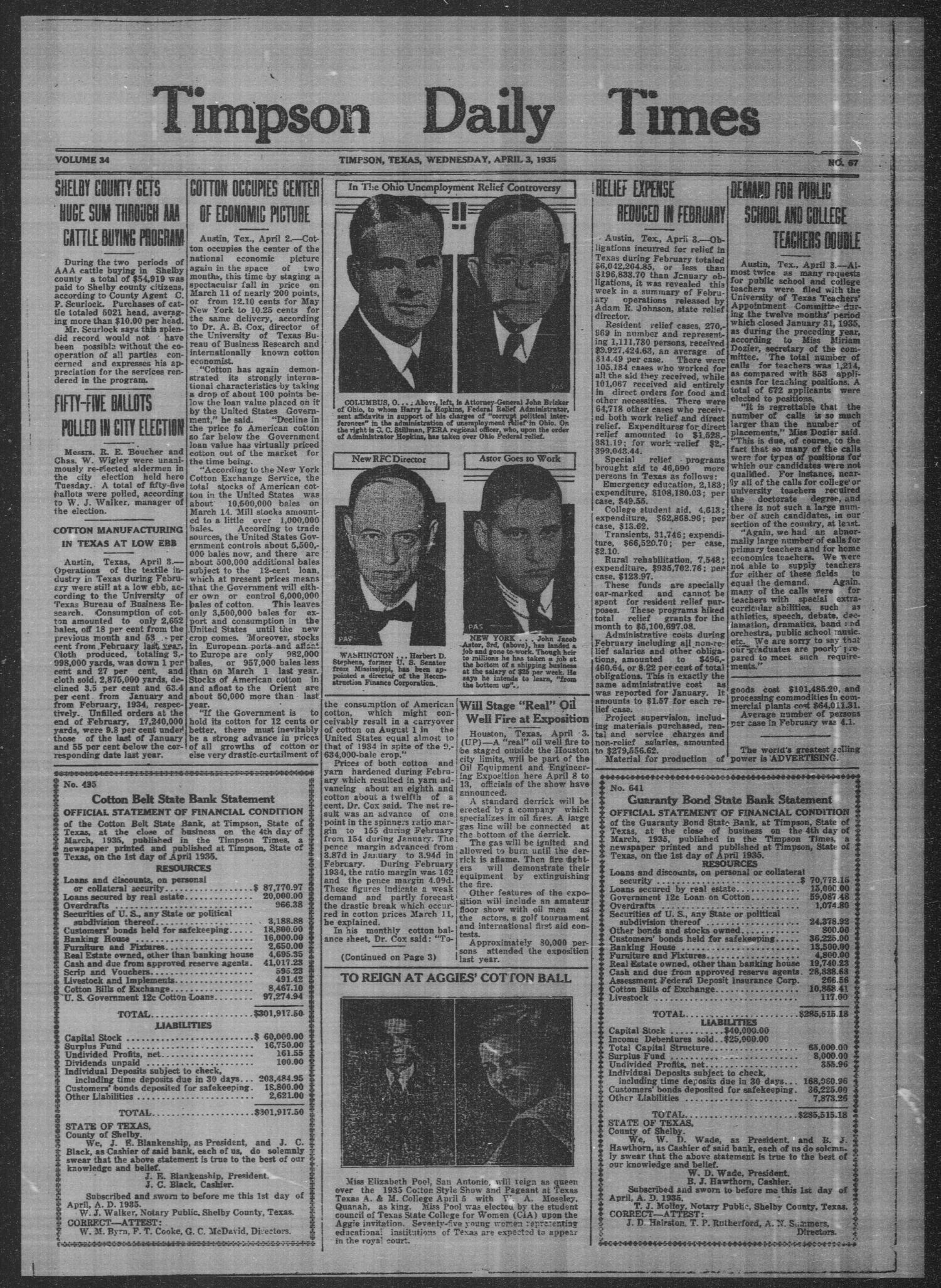 Timpson Daily Times (Timpson, Tex.), Vol. 34, No. 67, Ed. 1 Wednesday, April 3, 1935
                                                
                                                    [Sequence #]: 1 of 4
                                                