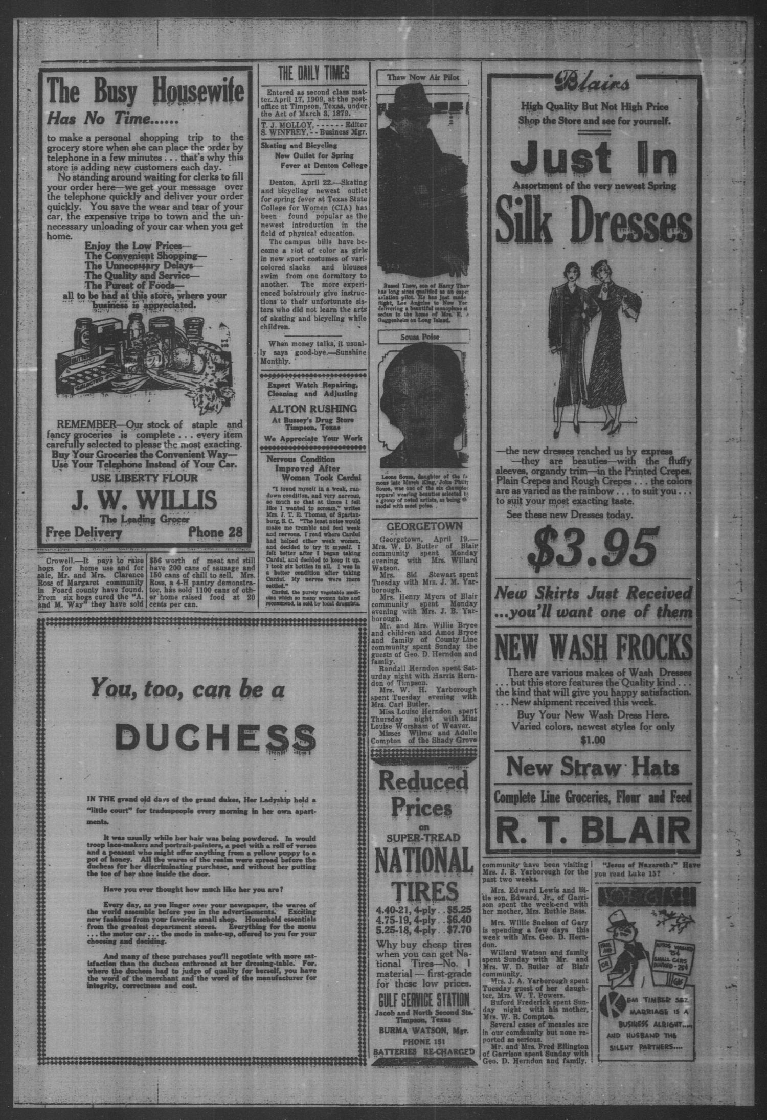 Timpson Daily Times (Timpson, Tex.), Vol. 32, No. 80, Ed. 1 Saturday, April 22, 1933
                                                
                                                    [Sequence #]: 2 of 4
                                                