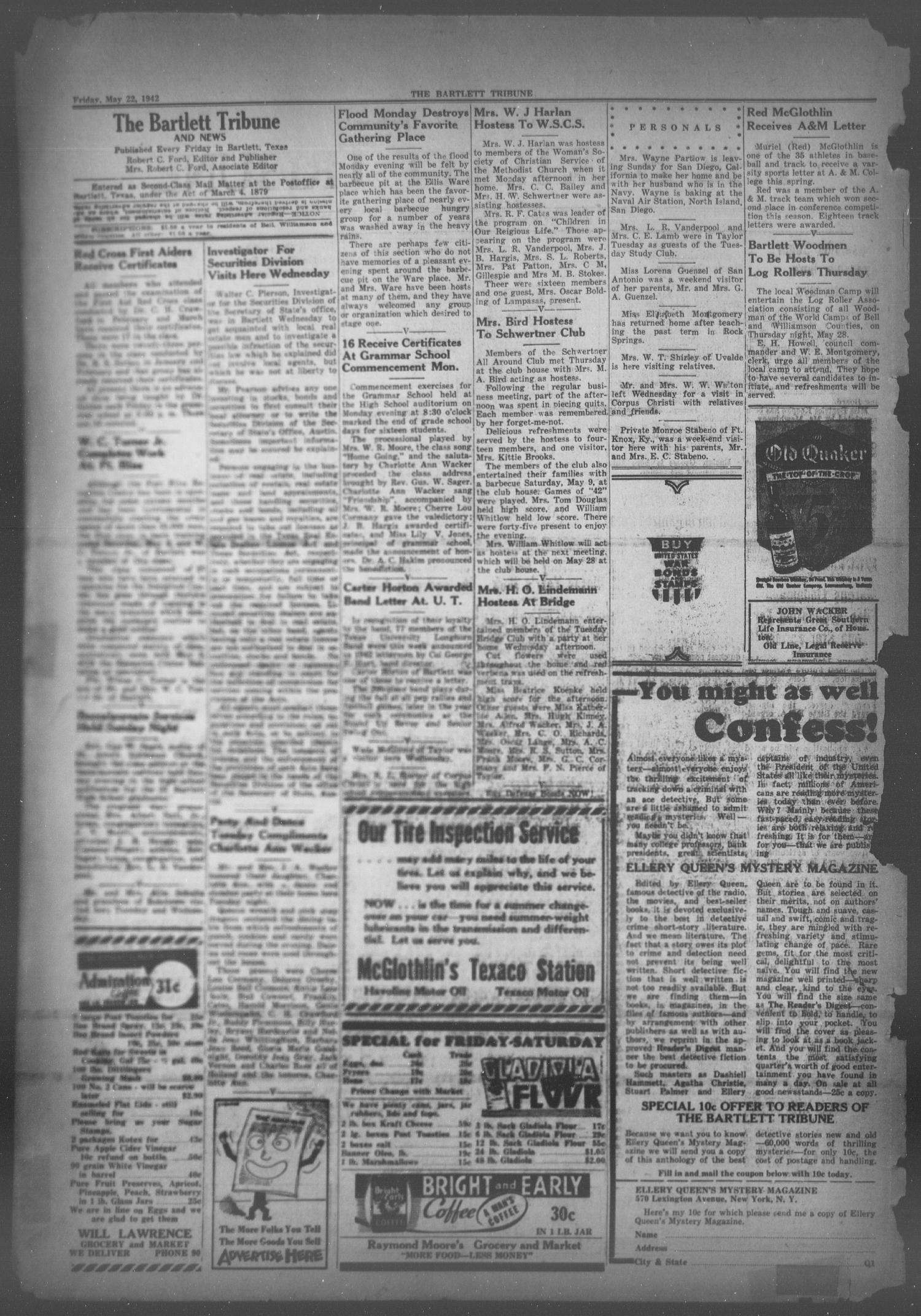 The Bartlett Tribune and News (Bartlett, Tex.), Vol. 55, No. 36, Ed. 1, Friday, May 22, 1942
                                                
                                                    [Sequence #]: 2 of 6
                                                