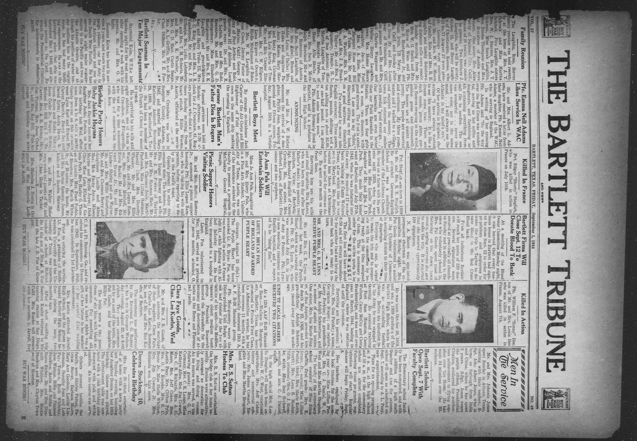 The Bartlett Tribune and News (Bartlett, Tex.), Vol. 57, No. 49, Ed. 1, Friday, September 1, 1944
                                                
                                                    [Sequence #]: 1 of 10
                                                