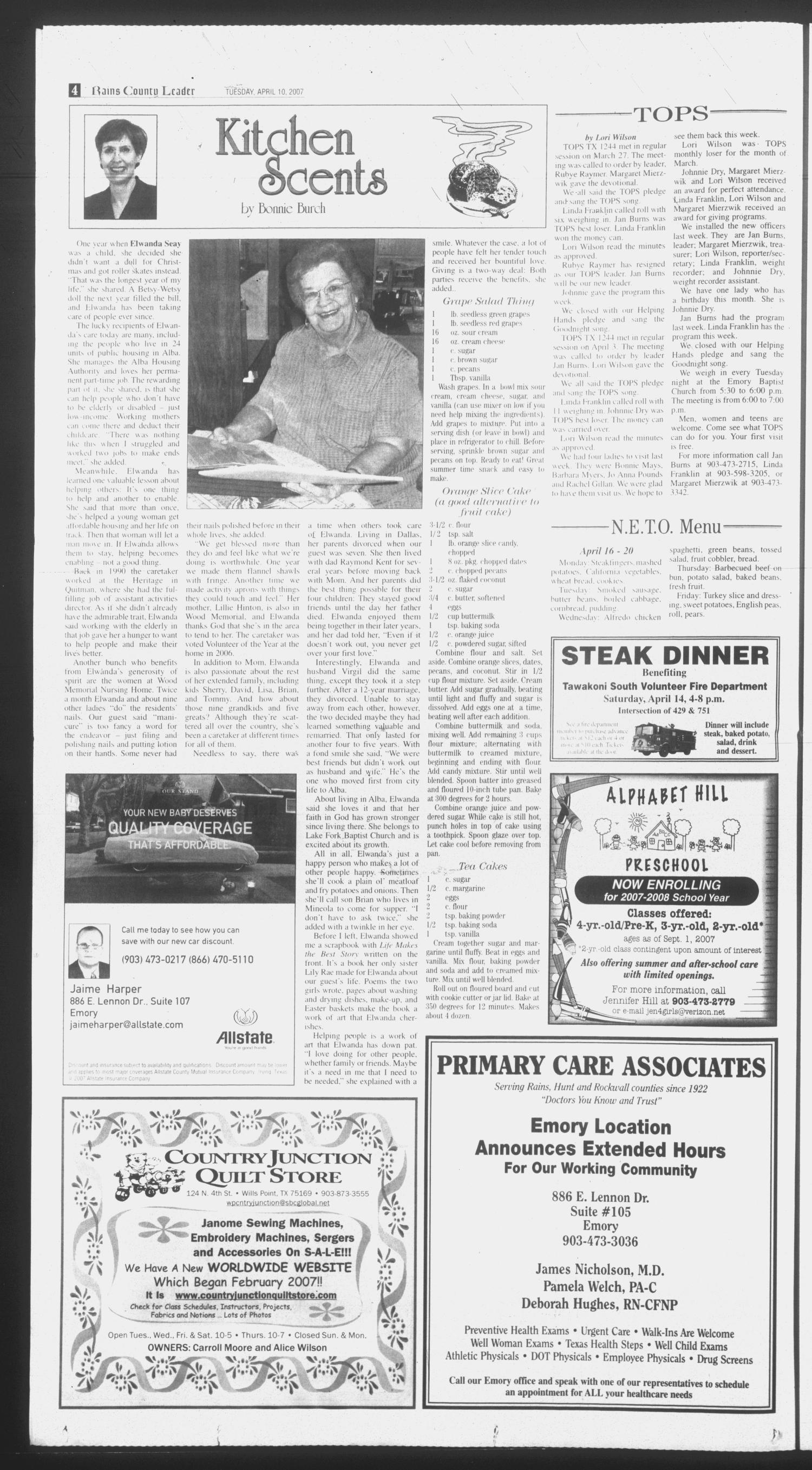 Rains County Leader (Emory, Tex.), Vol. 119, No. 43, Ed. 1 Tuesday, April 10, 2007
                                                
                                                    [Sequence #]: 4 of 40
                                                