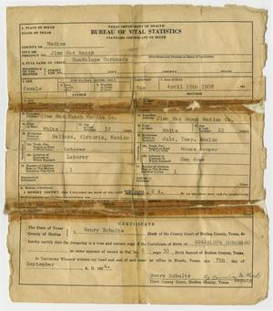 Primary view of object titled '[Birth Certificate of Guadalupe Coronado]'.