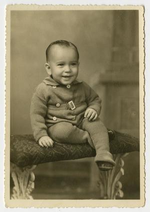 Primary view of object titled '[Portrait of Small Male Child Sitting on a Bench]'.