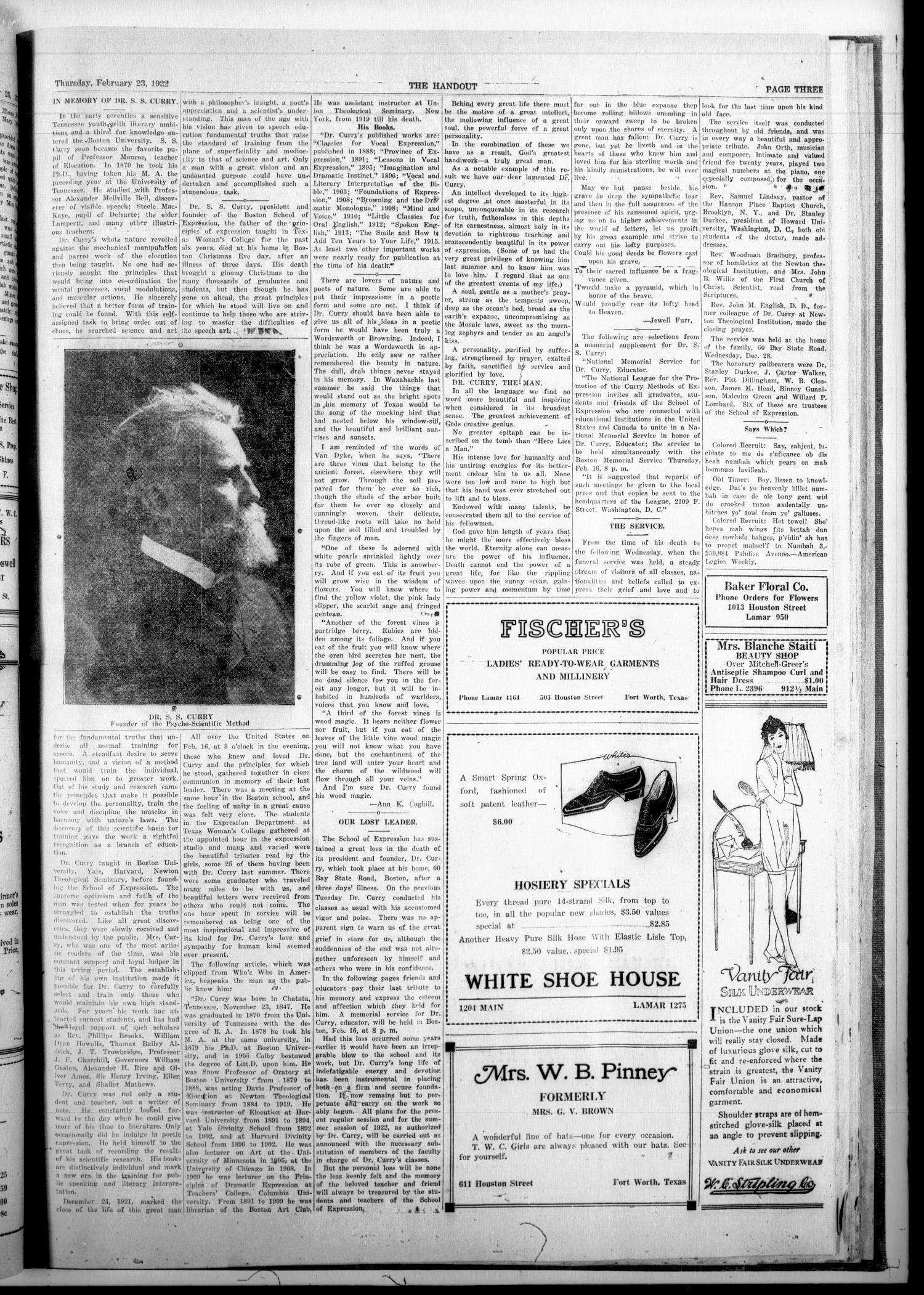 The Handout (Fort Worth, Tex.), Vol. 6, No. 8, Ed. 1 Thursday, February 23, 1922
                                                
                                                    [Sequence #]: 3 of 4
                                                