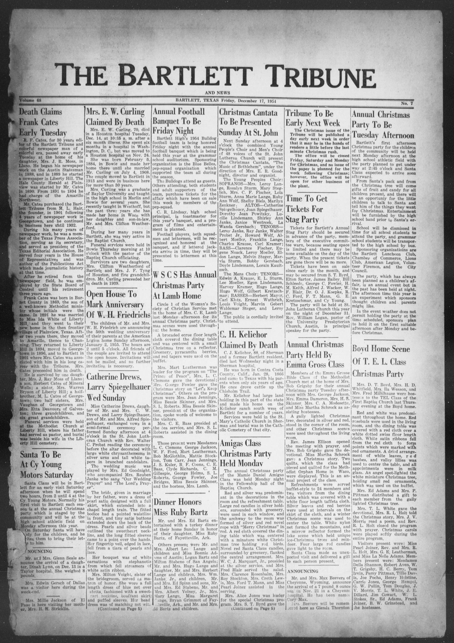 The Bartlett Tribune and News (Bartlett, Tex.), Vol. 68, No. 7, Ed. 1, Friday, December 17, 1954
                                                
                                                    [Sequence #]: 1 of 8
                                                