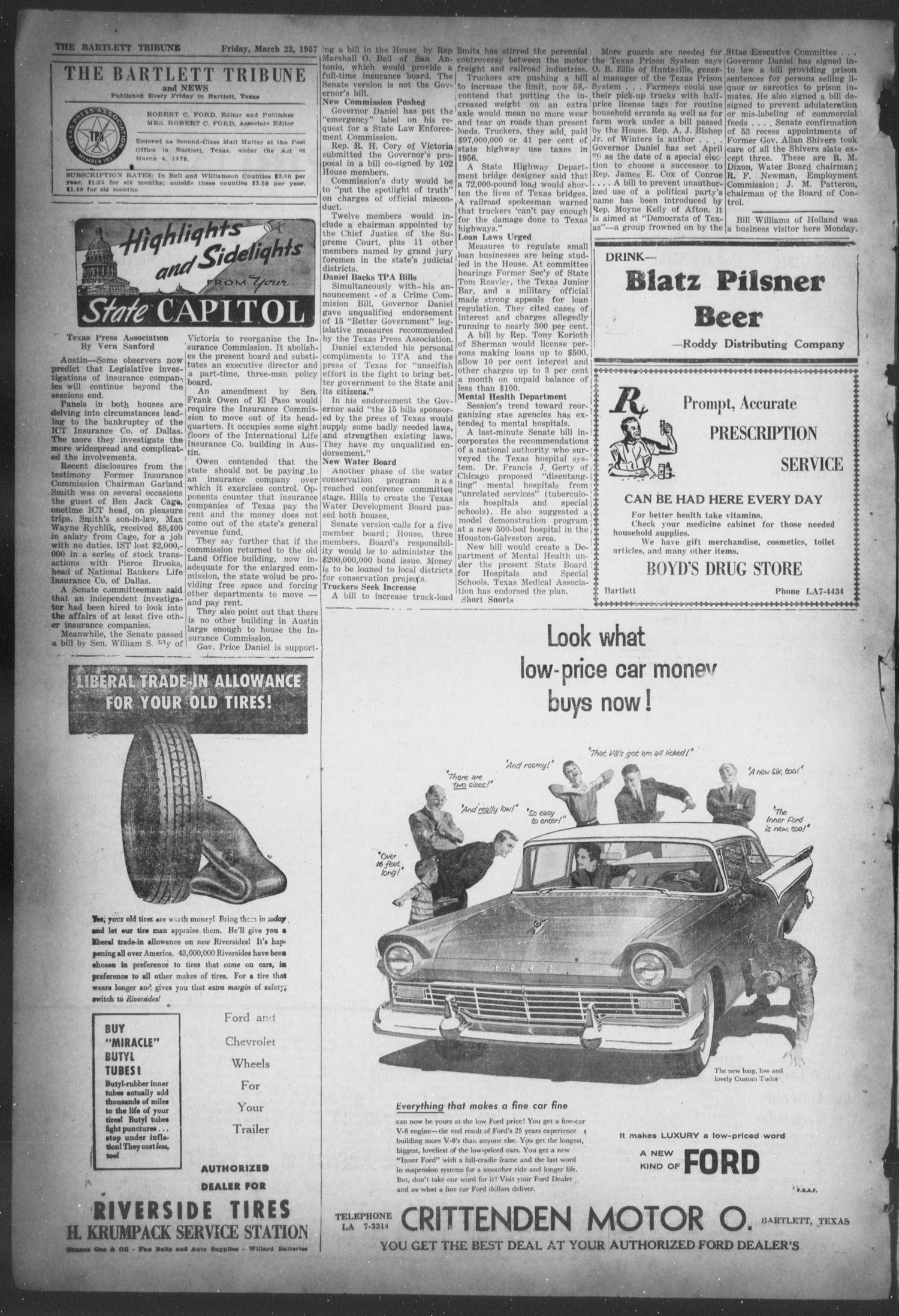 The Bartlett Tribune and News (Bartlett, Tex.), Vol. 70, No. 21, Ed. 1, Friday, March 22, 1957
                                                
                                                    [Sequence #]: 2 of 8
                                                