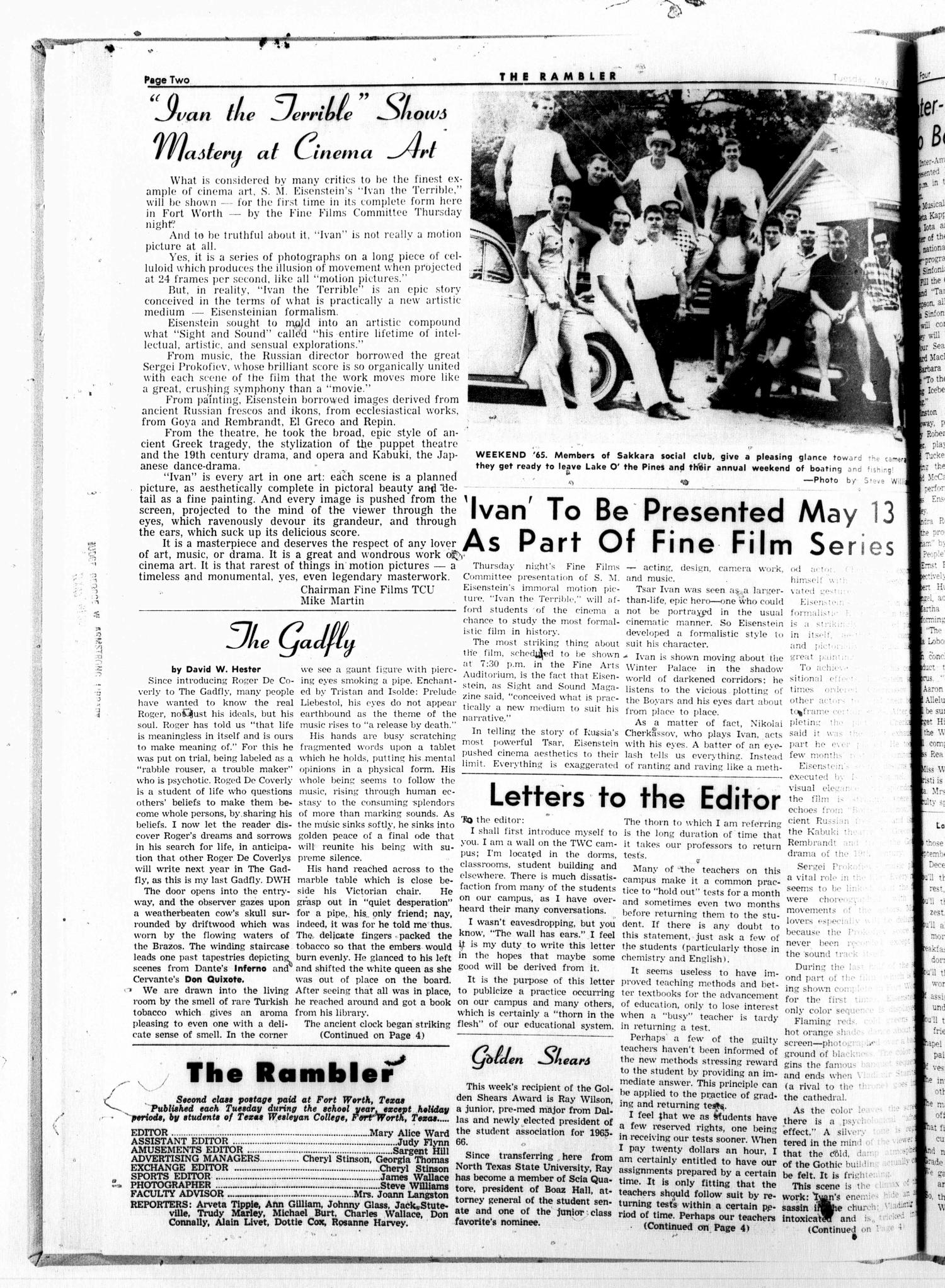 The Rambler (Fort Worth, Tex.), Vol. 37, No. 28, Ed. 1 Tuesday, May 11, 1965
                                                
                                                    [Sequence #]: 2 of 6
                                                