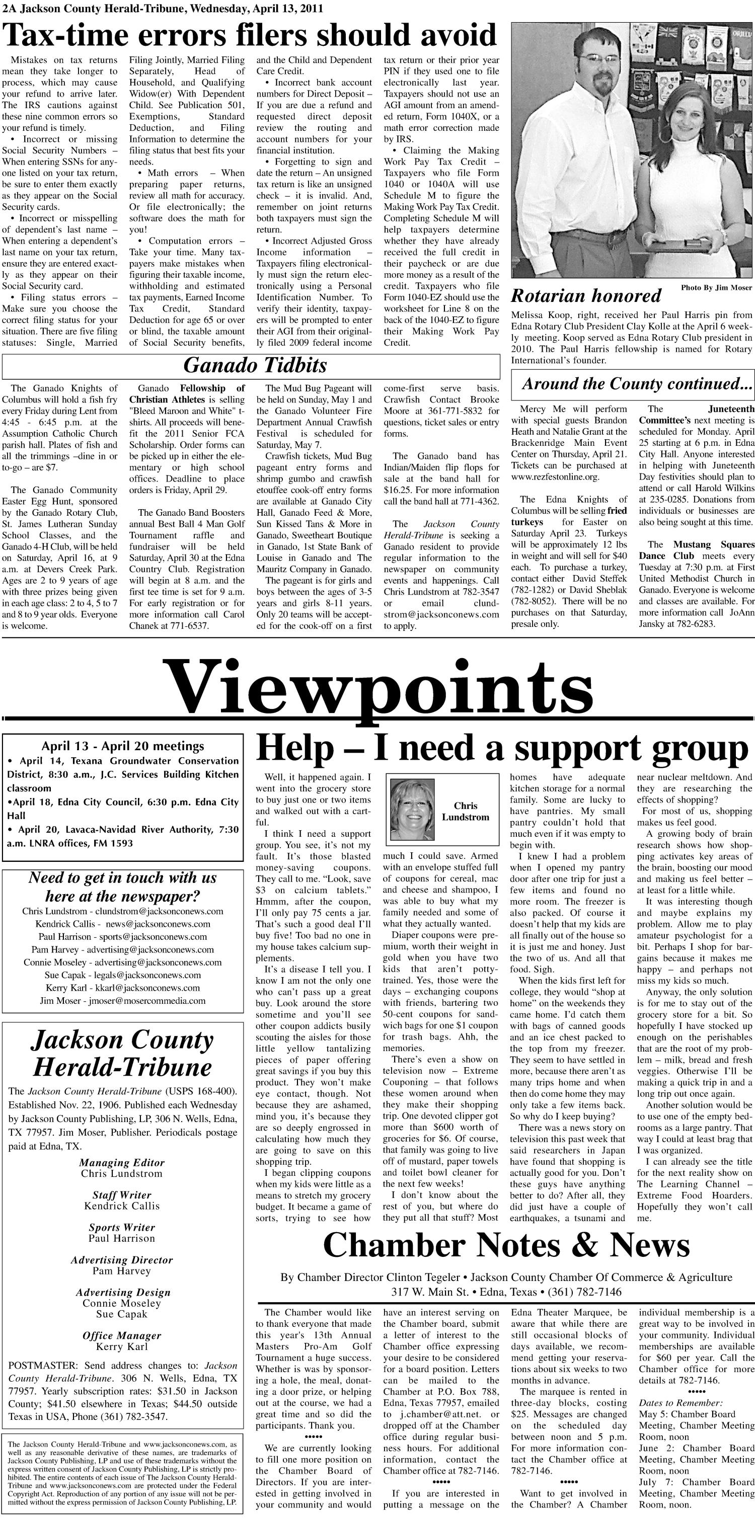 Jackson County Herald-Tribune (Edna, Tex.), Vol. 104, No. 20, Ed. 1 Wednesday, April 13, 2011
                                                
                                                    [Sequence #]: 2 of 26
                                                