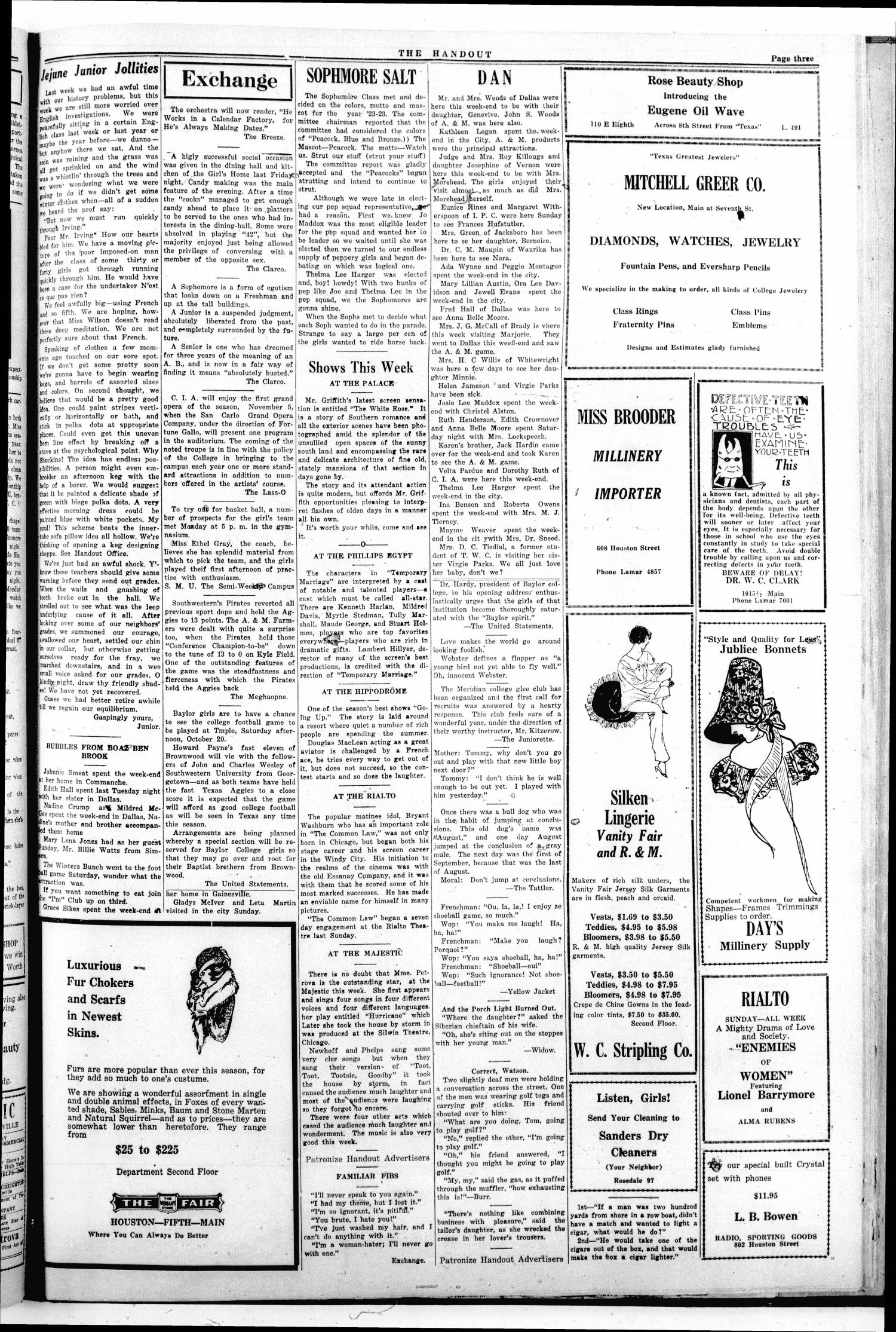 The Handout (Fort Worth, Tex.), Vol. 9, No. 4, Ed. 1 Friday, October 19, 1923
                                                
                                                    [Sequence #]: 3 of 4
                                                