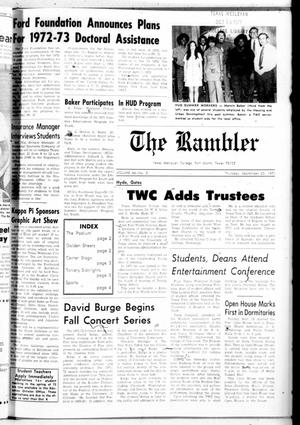 Primary view of object titled 'Texas Wesleyan Rambler (Fort Worth, Tex.), Vol. 46, No. 5, Ed. 1 Thursday, September 23, 1971'.
