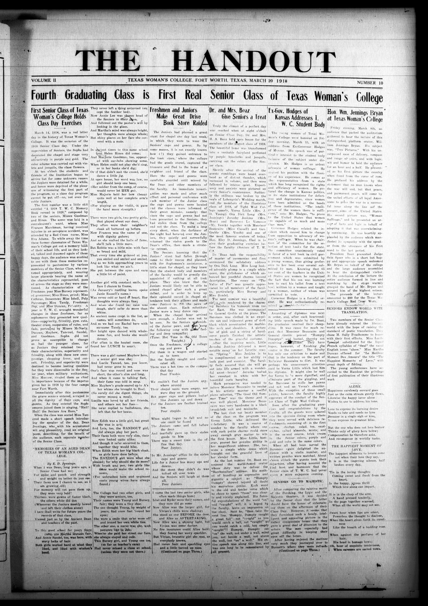 The Handout (Fort Worth, Tex.), Vol. 2, No. 10, Ed. 1 Wednesday, March 20, 1918
                                                
                                                    [Sequence #]: 1 of 4
                                                