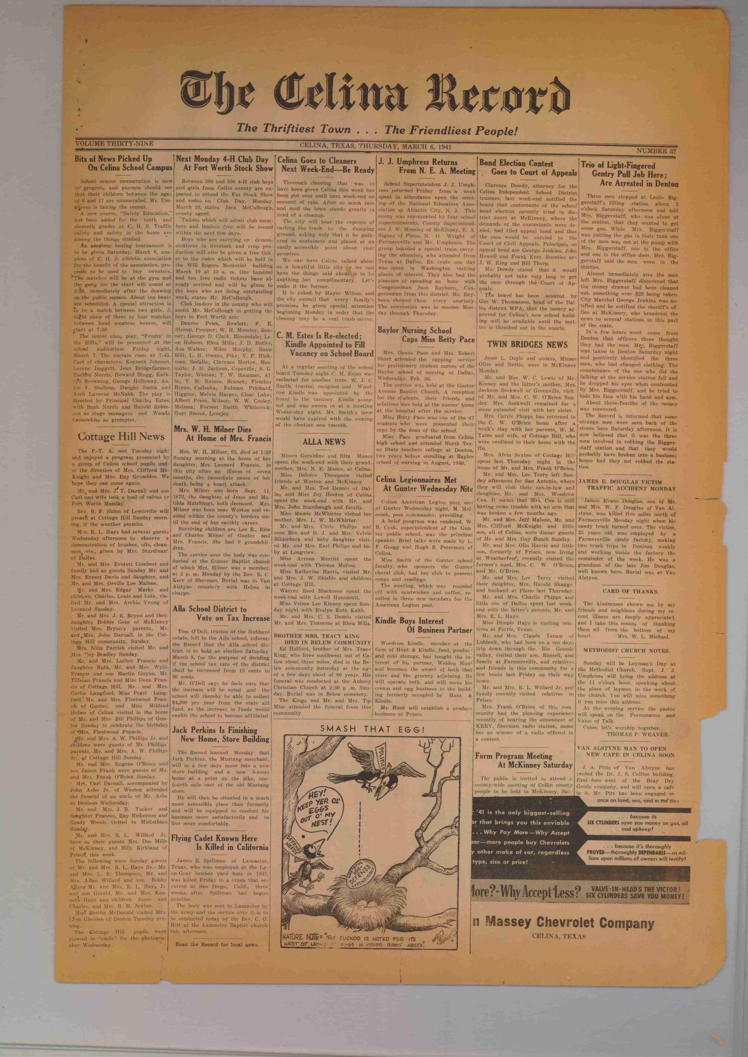 The Celina Record (Celina, Tex.), Vol. 39, No. 37, Ed. 1 Thursday, March 6, 1941
                                                
                                                    [Sequence #]: 1 of 4
                                                
