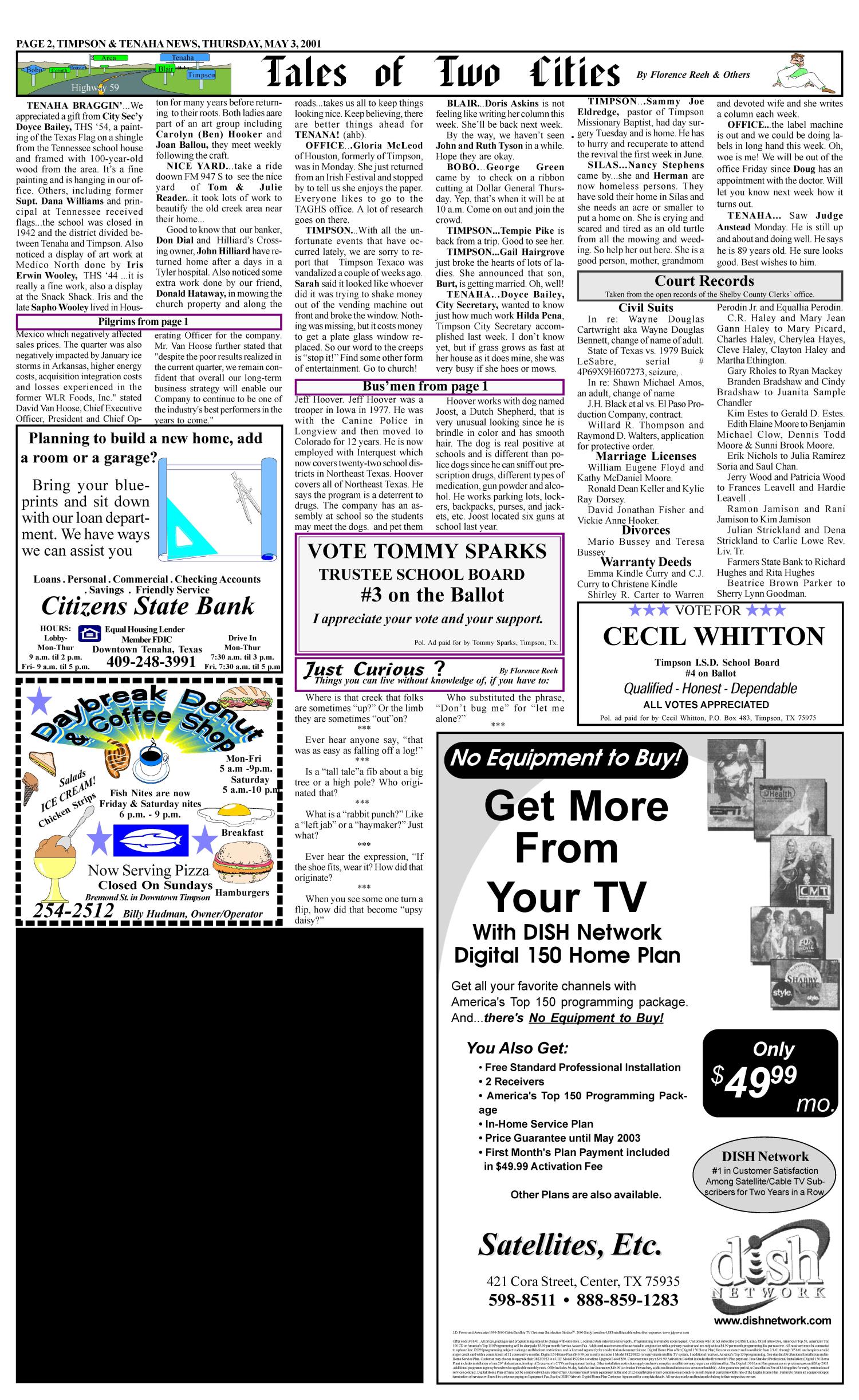 Timpson & Tenaha News (Timpson, Tex.), Vol. 16, No. 18, Ed. 1 Thursday, May 3, 2001
                                                
                                                    [Sequence #]: 2 of 12
                                                