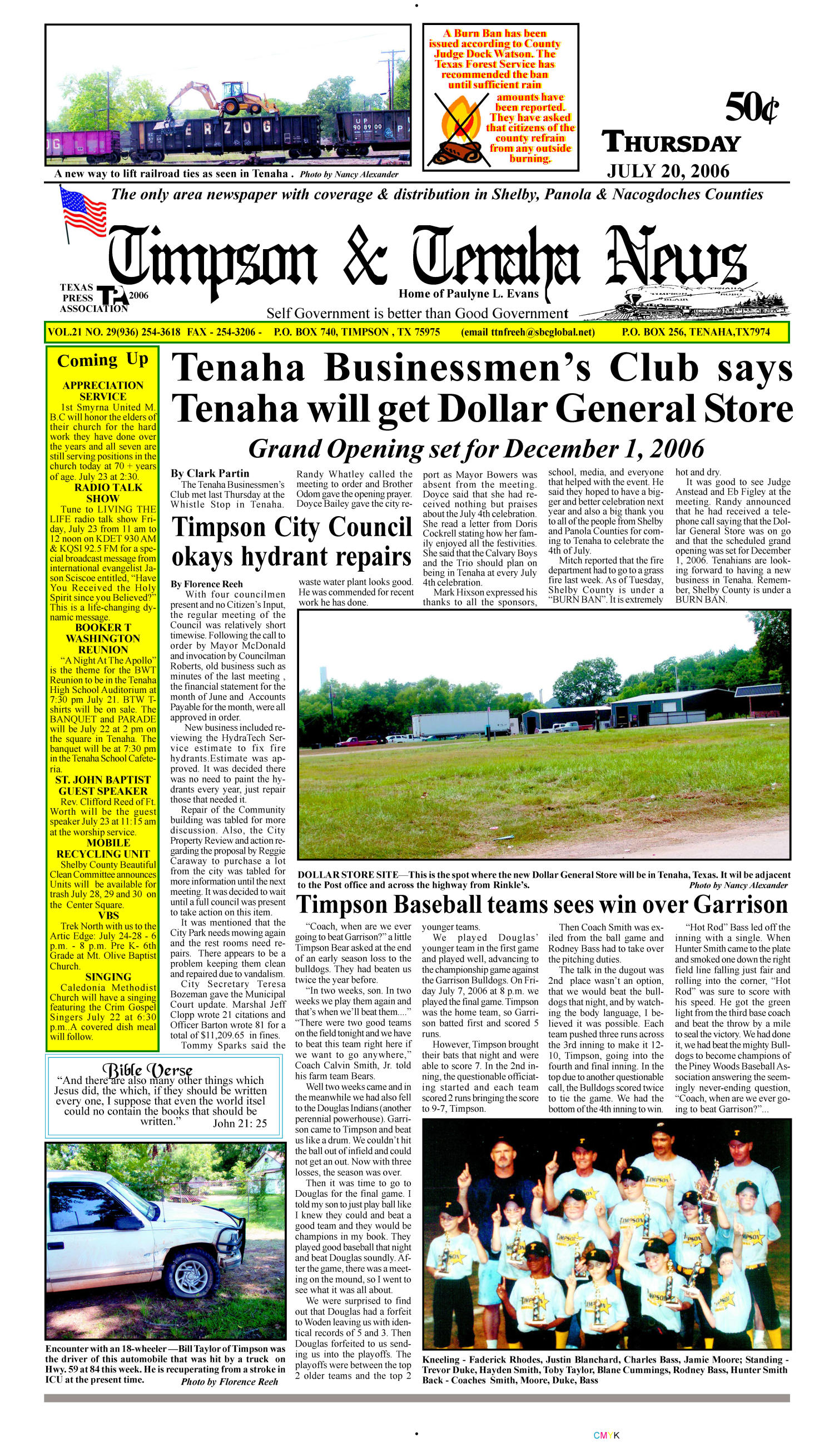 Timpson & Tenaha News (Timpson, Tex.), Vol. 21, No. 29, Ed. 1 Thursday, July 20, 2006
                                                
                                                    [Sequence #]: 1 of 12
                                                