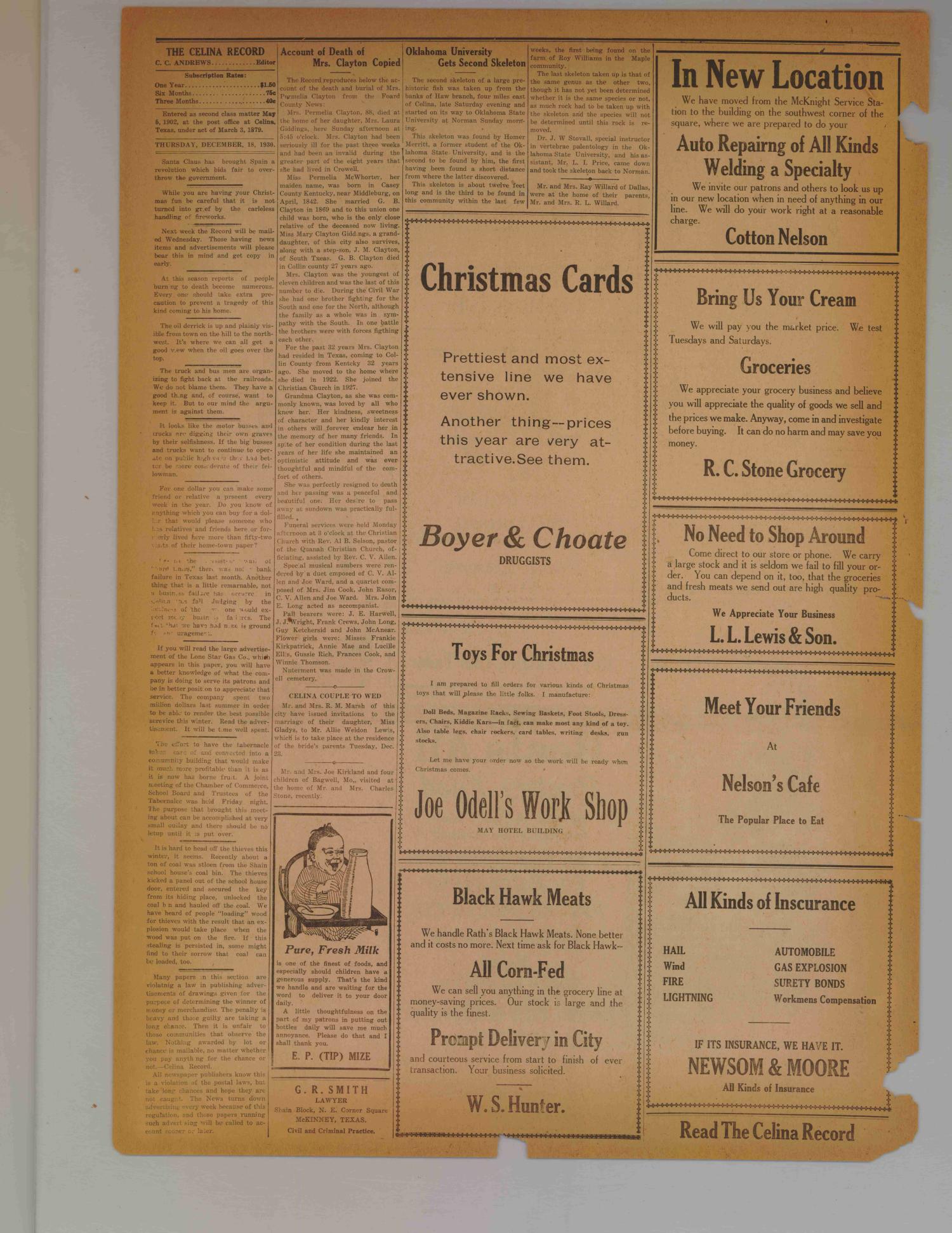 The Celina Record (Celina, Tex.), Vol. 29, No. 24, Ed. 1 Thursday, December 18, 1930
                                                
                                                    [Sequence #]: 4 of 6
                                                