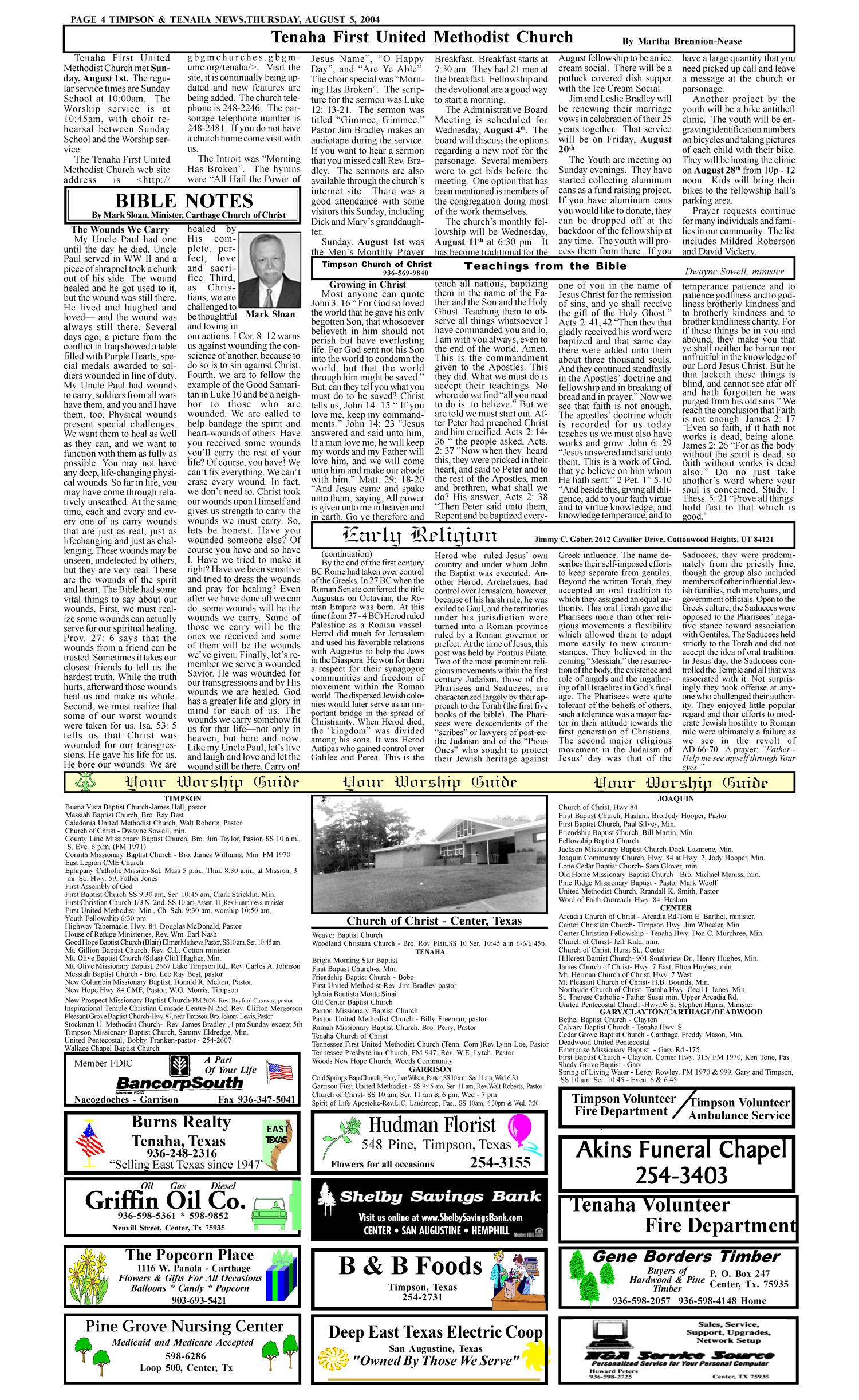 Timpson & Tenaha News (Timpson, Tex.), Vol. 19, No. 30, Ed. 1 Thursday, August 5, 2004
                                                
                                                    [Sequence #]: 4 of 10
                                                