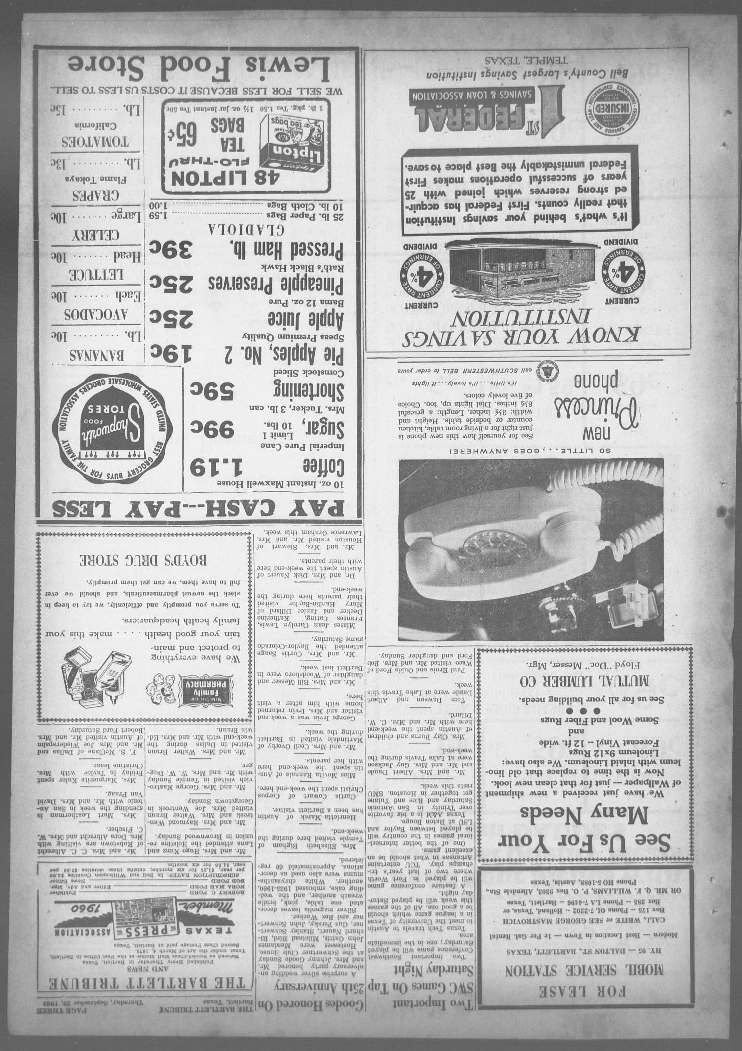 The Bartlett Tribune and News (Bartlett, Tex.), Vol. 73, No. 47, Ed. 1, Thursday, September 29, 1960
                                                
                                                    [Sequence #]: 3 of 8
                                                