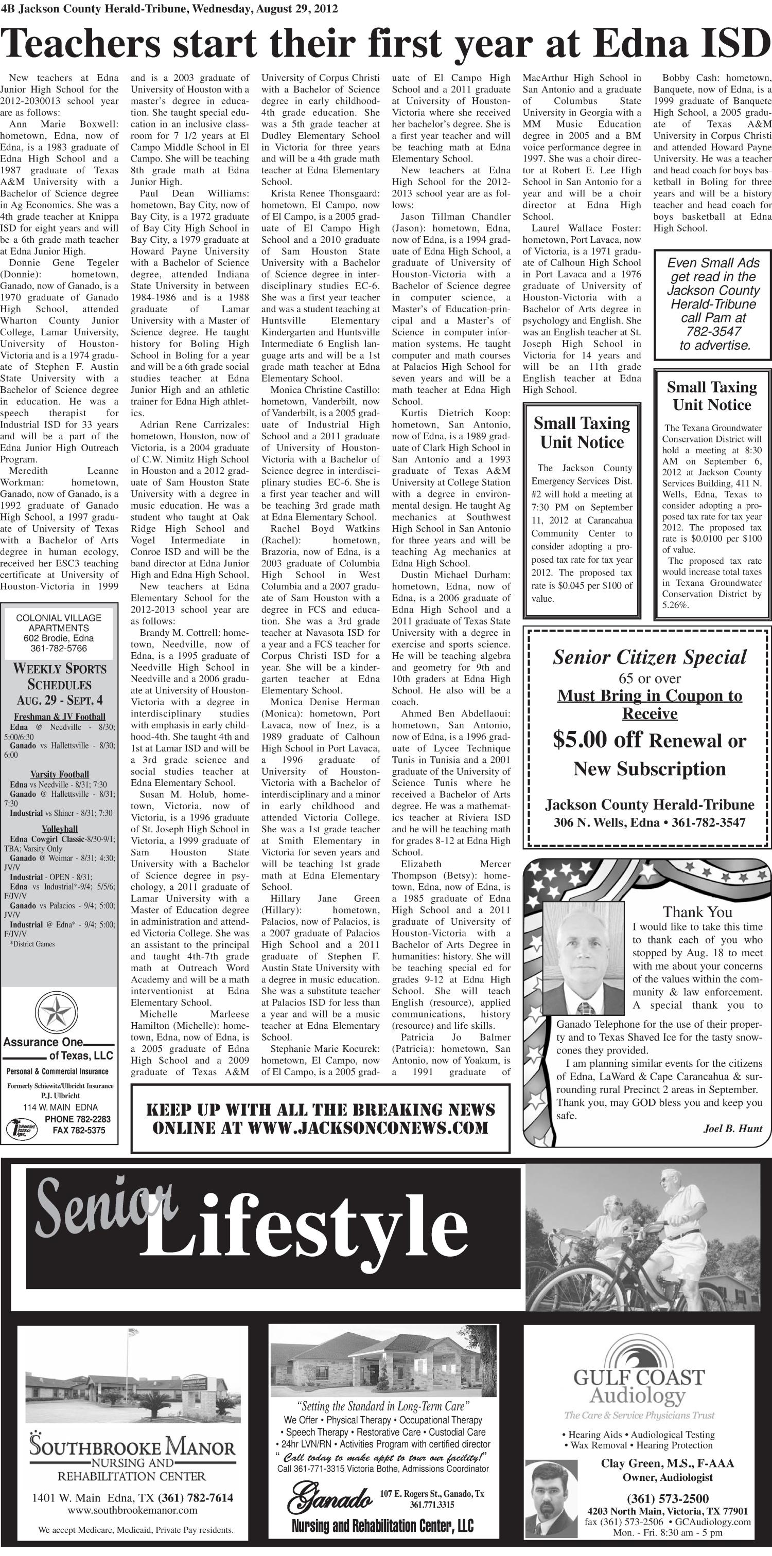 Jackson County Herald-Tribune (Edna, Tex.), Vol. 105, No. 40, Ed. 1 Wednesday, August 29, 2012
                                                
                                                    [Sequence #]: 12 of 42
                                                