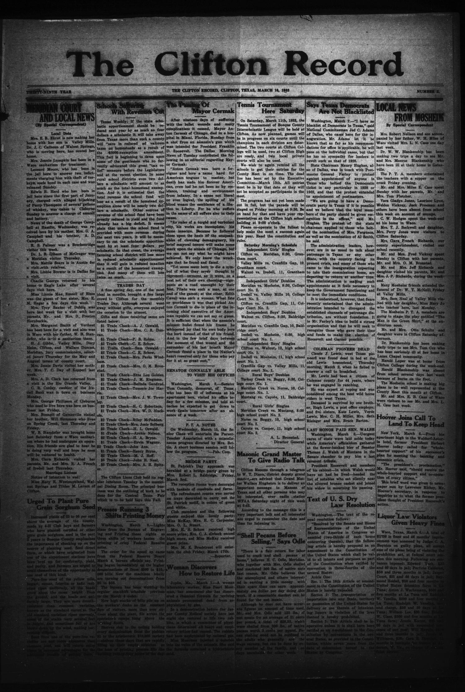 The Clifton Record (Clifton, Tex.), Vol. 39, No. 2, Ed. 1 Friday, March 10, 1933
                                                
                                                    [Sequence #]: 1 of 8
                                                