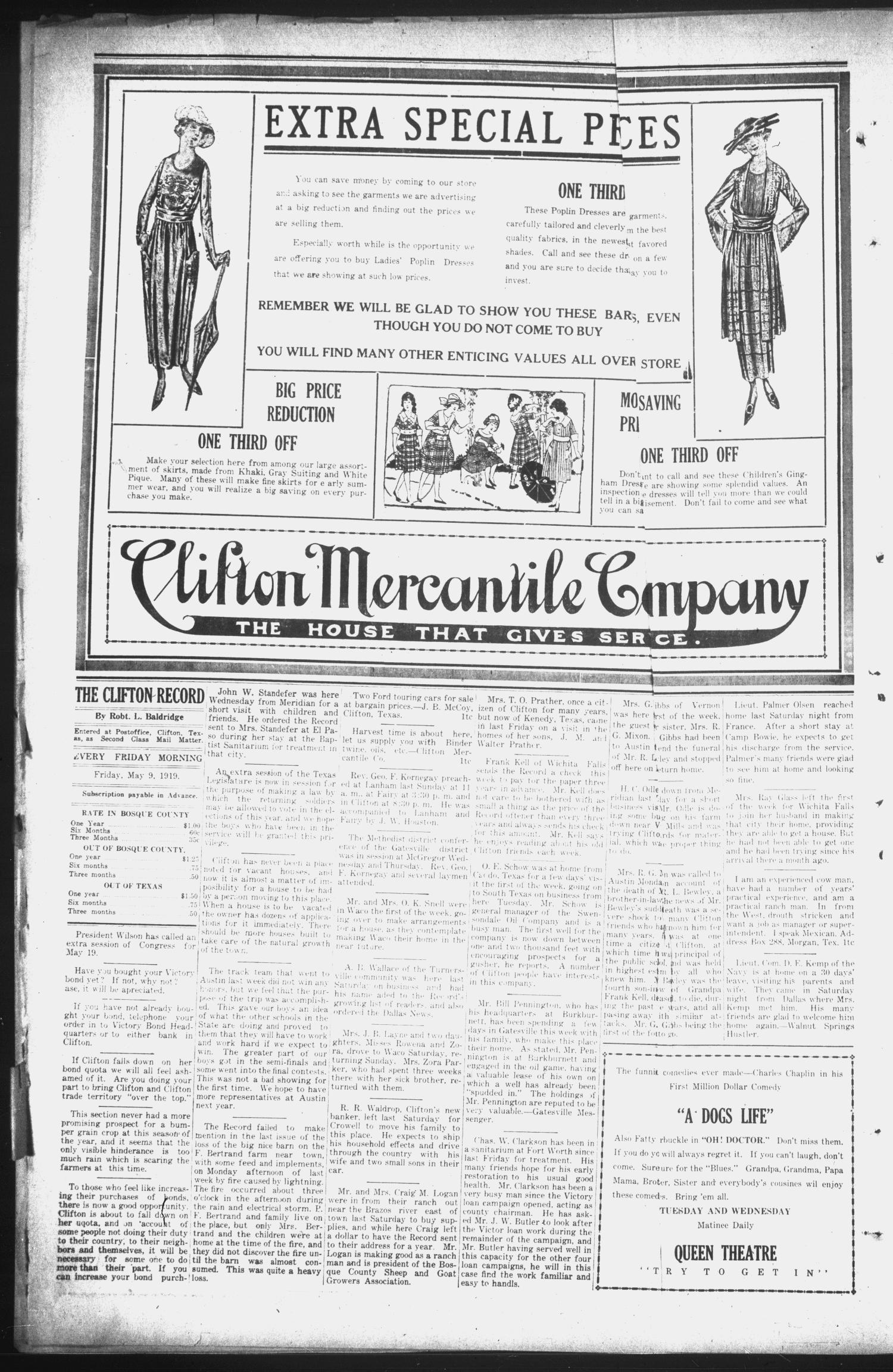 The Clifton Record (Clifton, Tex.), Vol. 25, No. 8, Ed. 1 Friday, May 9, 1919
                                                
                                                    [Sequence #]: 4 of 8
                                                