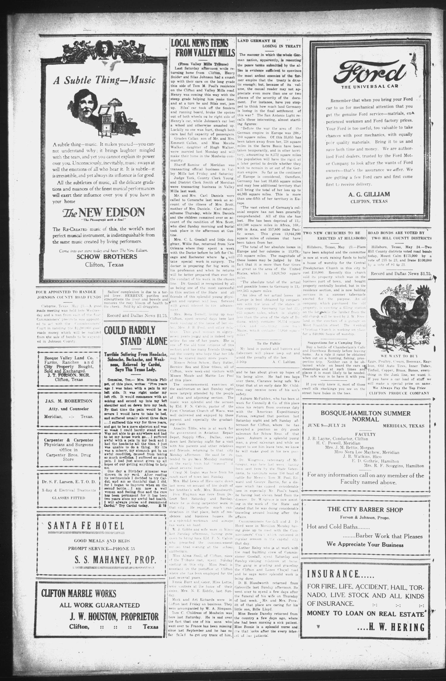 The Clifton Record (Clifton, Tex.), Vol. 25, No. 11, Ed. 1 Friday, May 30, 1919
                                                
                                                    [Sequence #]: 2 of 8
                                                