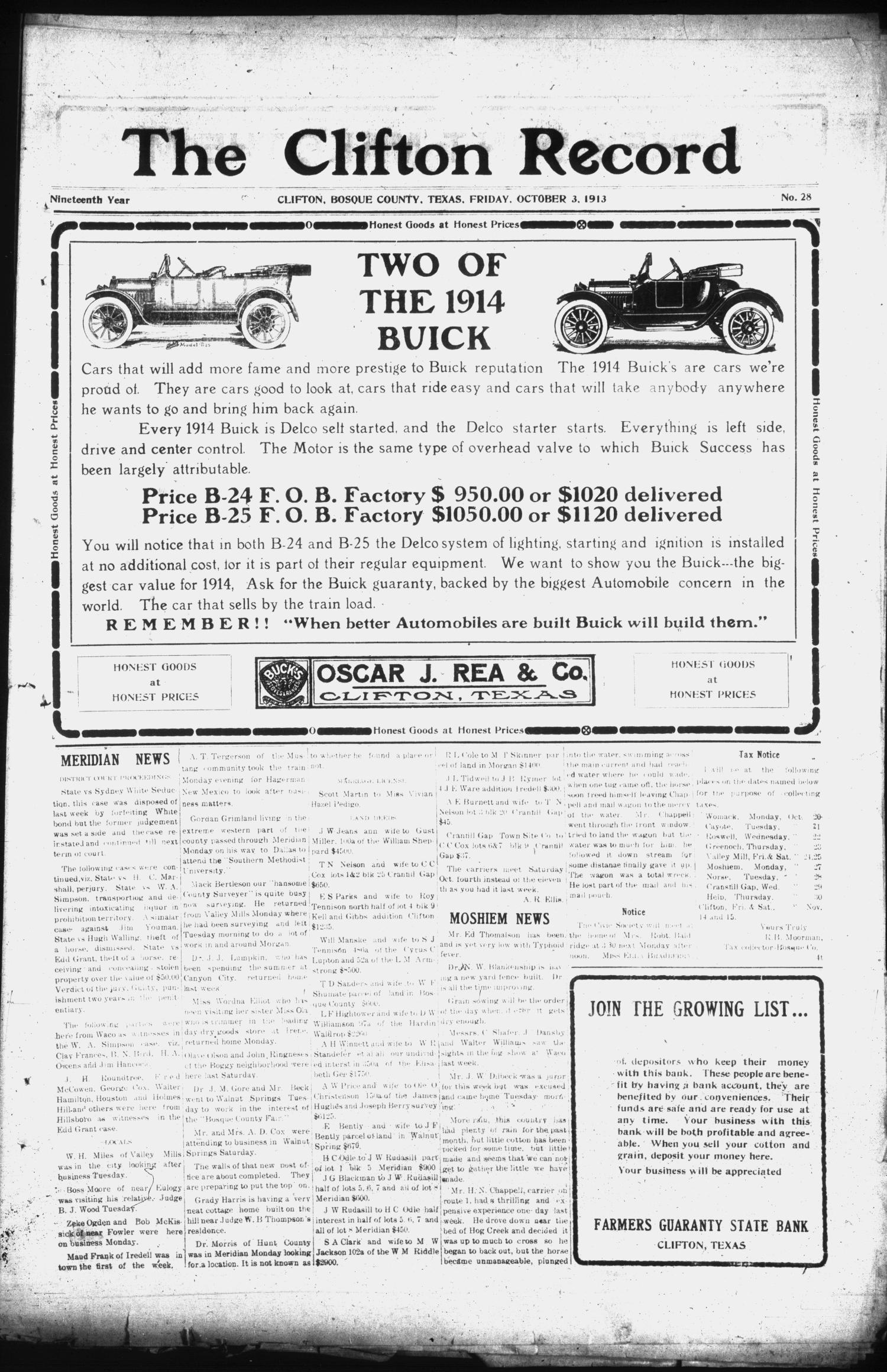 The Clifton Record (Clifton, Tex.), Vol. 19, No. 28, Ed. 1 Friday, October 3, 1913
                                                
                                                    [Sequence #]: 1 of 8
                                                