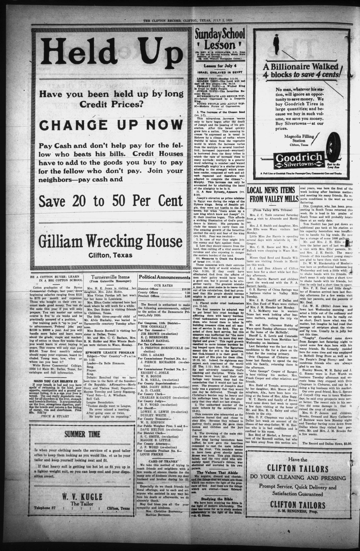 The Clifton Record (Clifton, Tex.), Vol. 32, No. 17, Ed. 1 Friday, July 2, 1926
                                                
                                                    [Sequence #]: 2 of 8
                                                