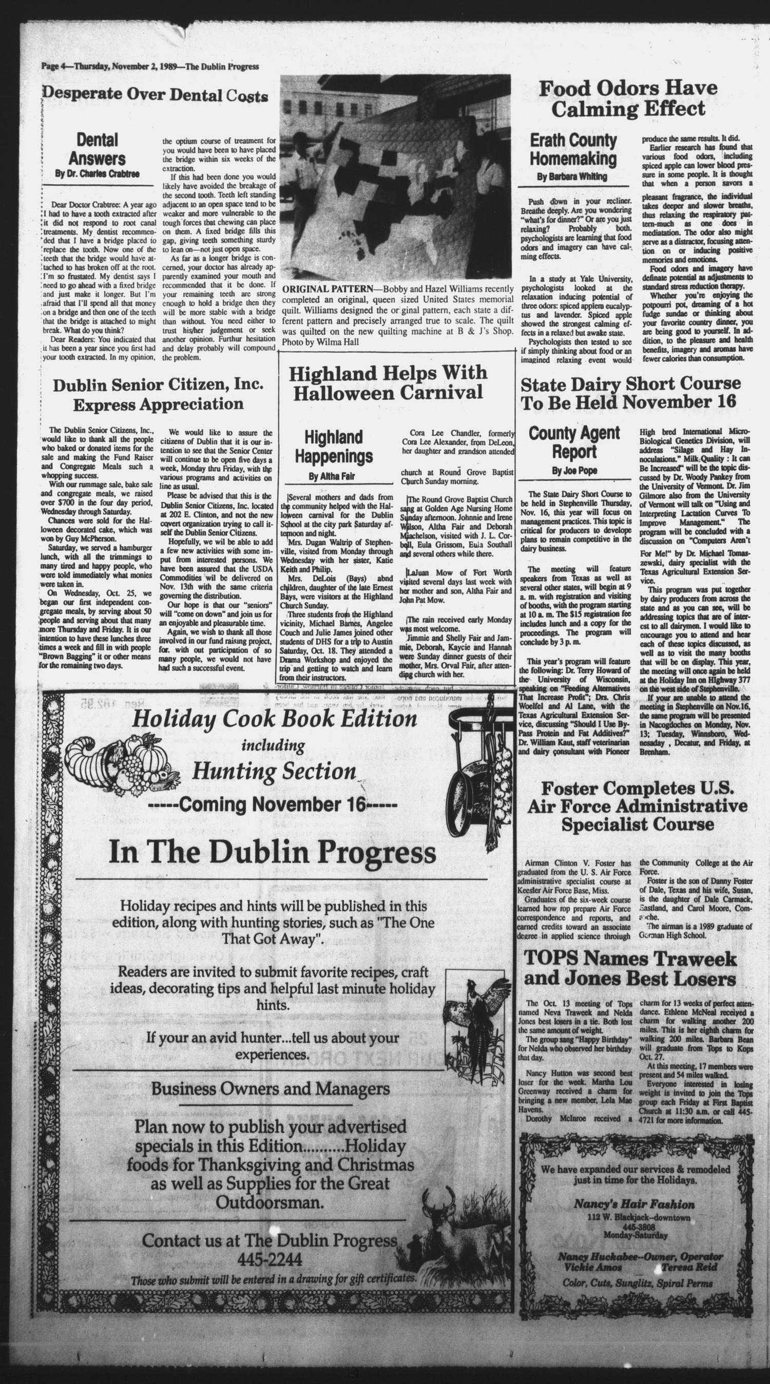 The Dublin Progress (Dublin, Tex.), Vol. 102, No. 24, Ed. 1 Thursday, November 2, 1989
                                                
                                                    [Sequence #]: 4 of 14
                                                