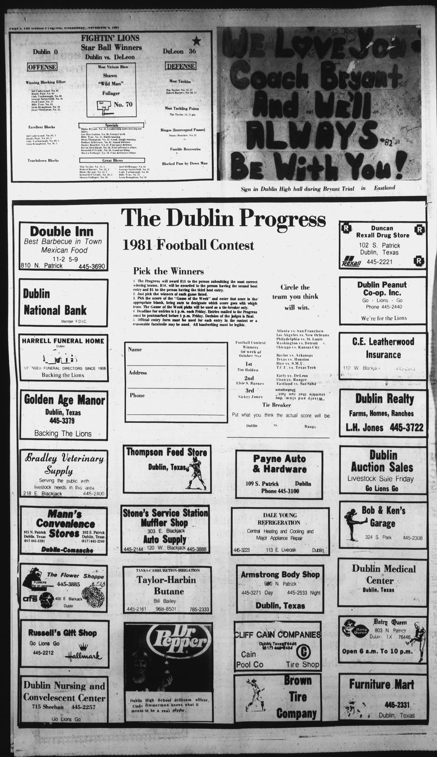 The Dublin Progress (Dublin, Tex.), Vol. 94, No. 13, Ed. 1 Wednesday, November 4, 1981
                                                
                                                    [Sequence #]: 4 of 14
                                                