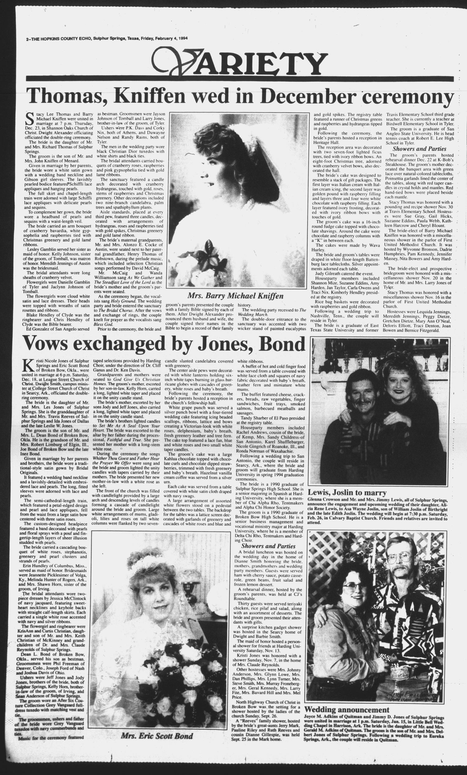 The Hopkins County Echo (Sulphur Springs, Tex.), Vol. 119, No. 5, Ed. 1 Friday, February 4, 1994
                                                
                                                    [Sequence #]: 2 of 4
                                                