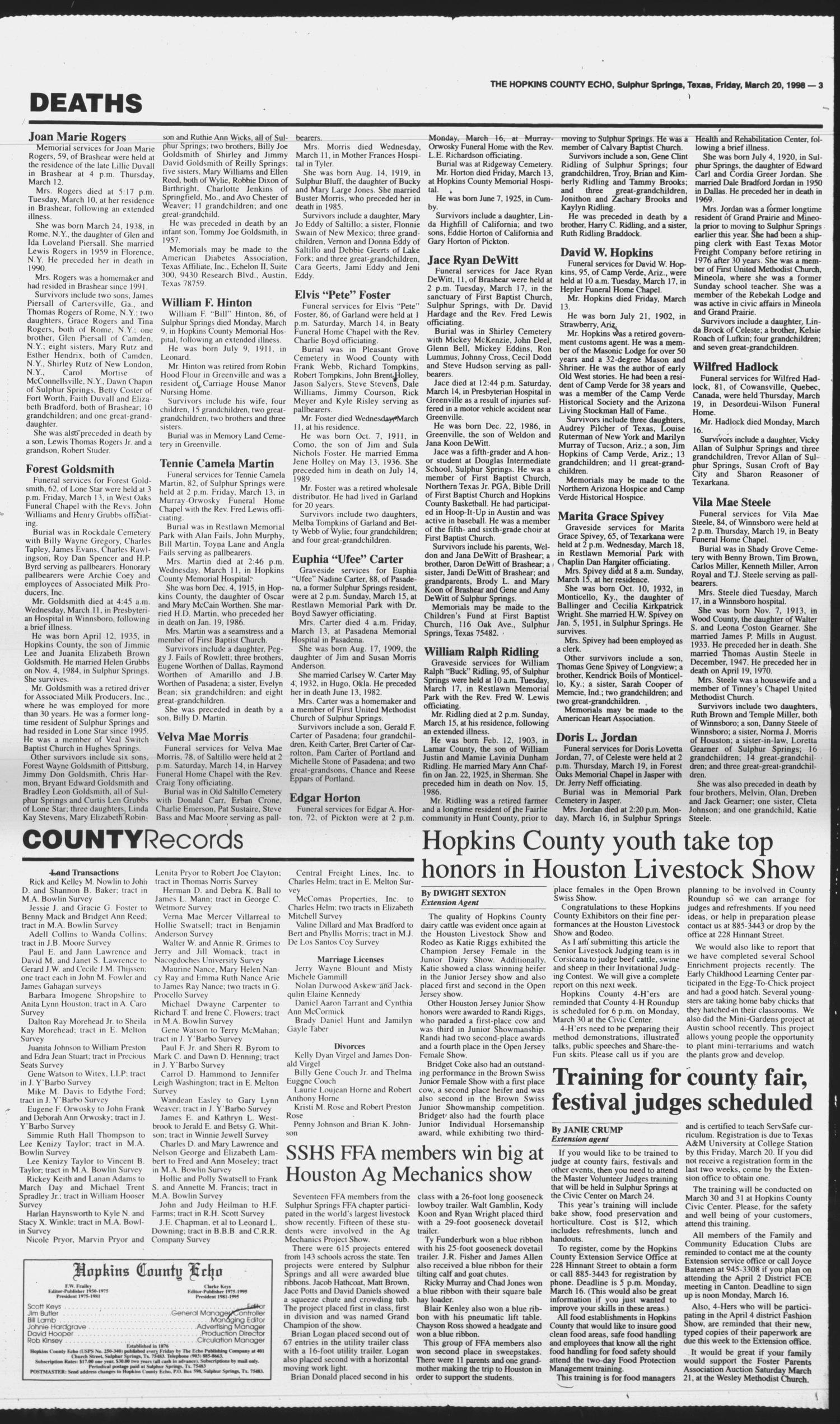 The Hopkins County Echo (Sulphur Springs, Tex.), Vol. 203, No. 12, Ed. 1 Friday, March 20, 1998
                                                
                                                    [Sequence #]: 3 of 4
                                                