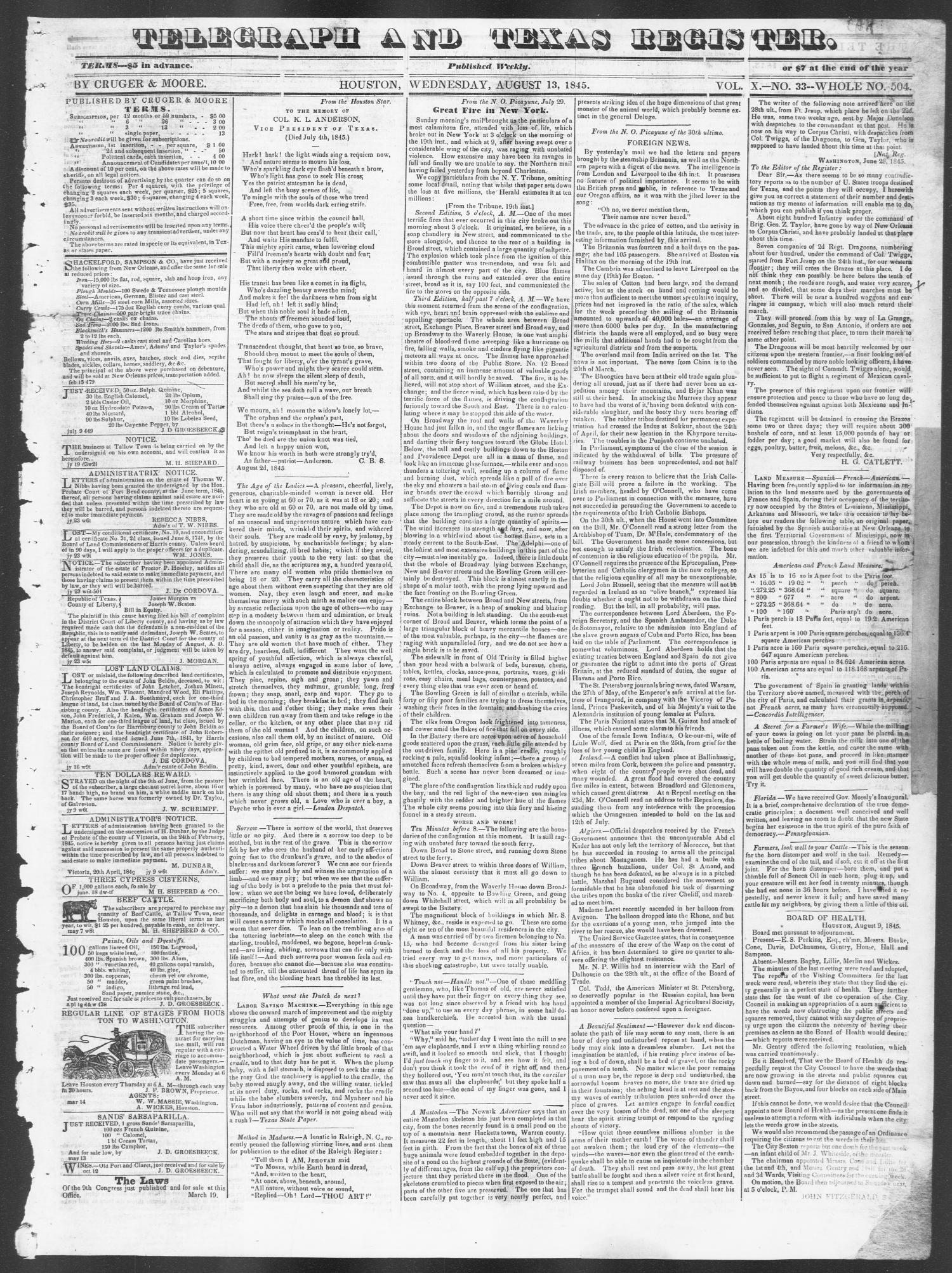 Telegraph and Texas Register (Houston, Tex.), Vol. 10, No. 33, Ed. 1, Wednesday, August 13, 1845
                                                
                                                    [Sequence #]: 1 of 4
                                                