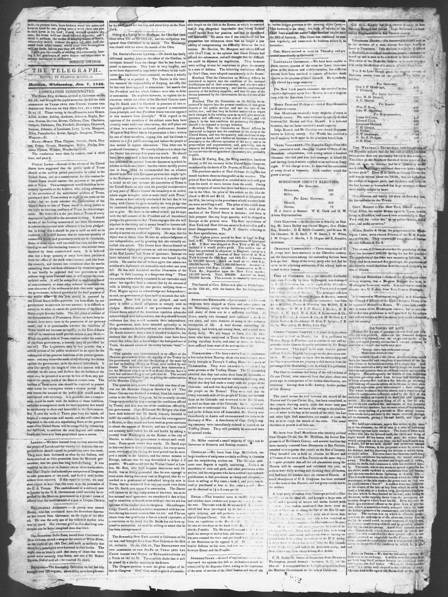Telegraph and Texas Register (Houston, Tex.), Vol. 11, No. 1, Ed. 1, Wednesday, January 7, 1846
                                                
                                                    [Sequence #]: 2 of 4
                                                