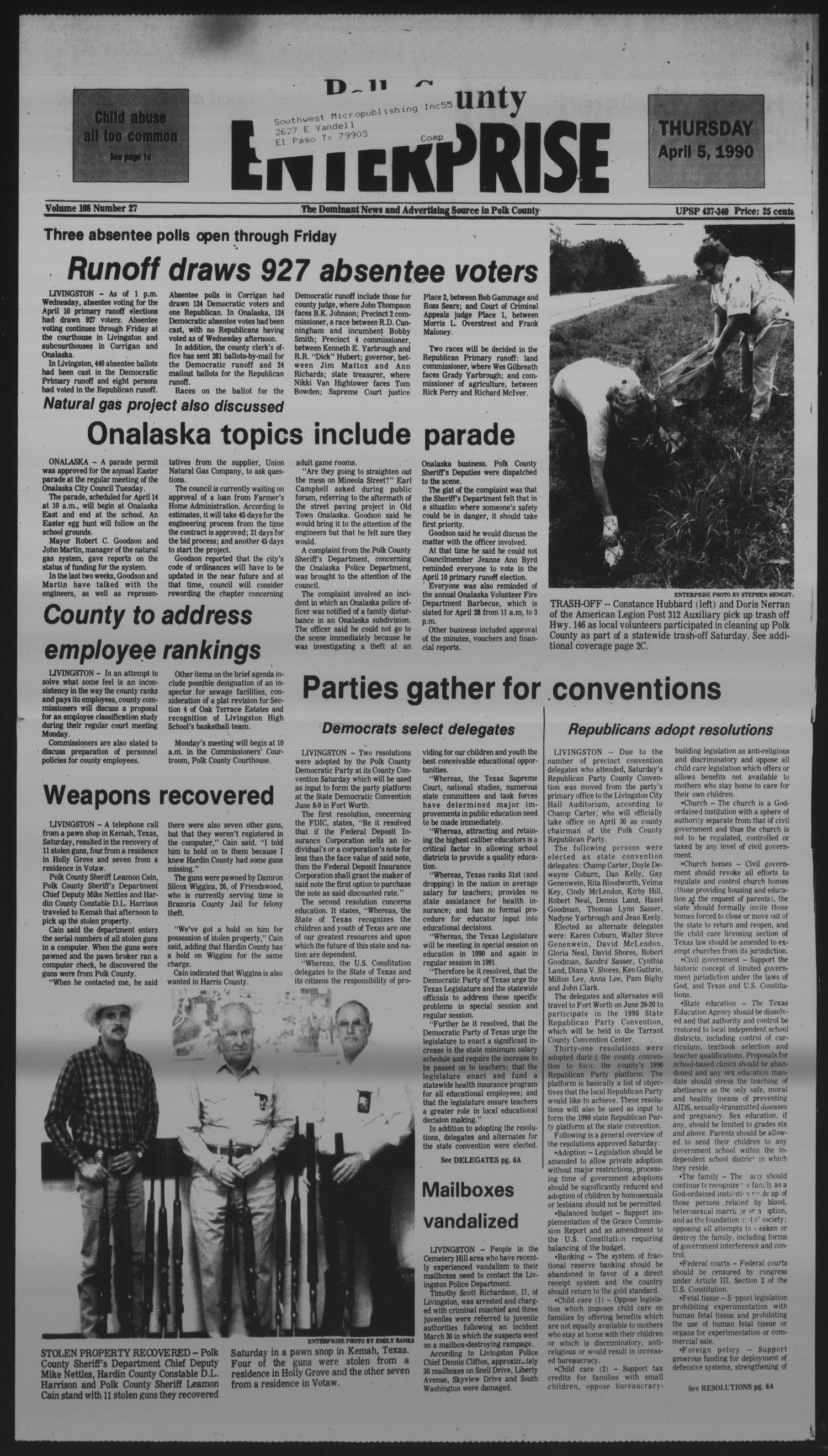 Polk County Enterprise (Livingston, Tex.), Vol. 108, No. 27, Ed. 1 Thursday, April 5, 1990
                                                
                                                    [Sequence #]: 1 of 26
                                                