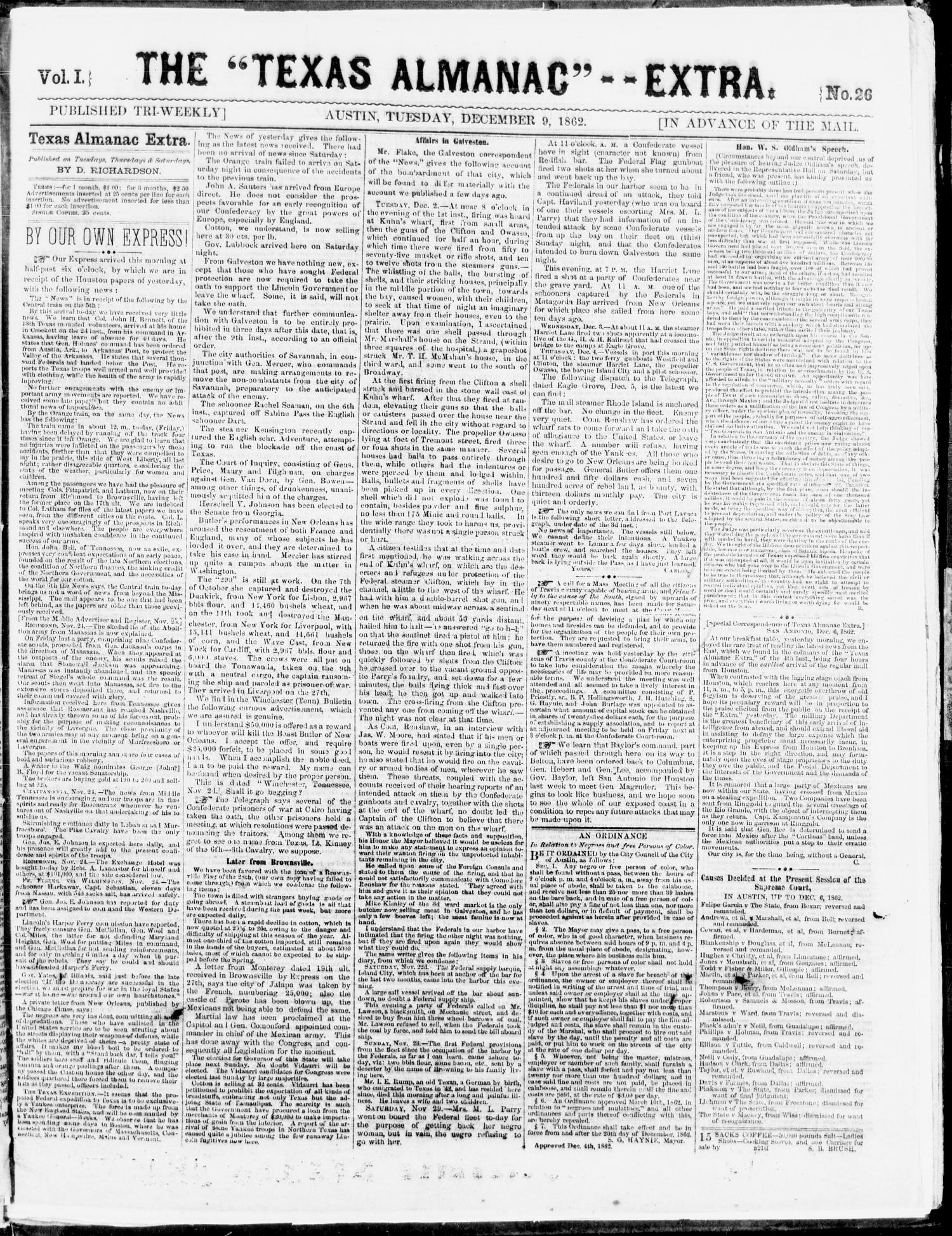 The Texas Almanac -- "Extra." (Austin, Tex.), Vol. 1, No. 26, Ed. 1, Tuesday, December 9, 1862
                                                
                                                    [Sequence #]: 1 of 1
                                                