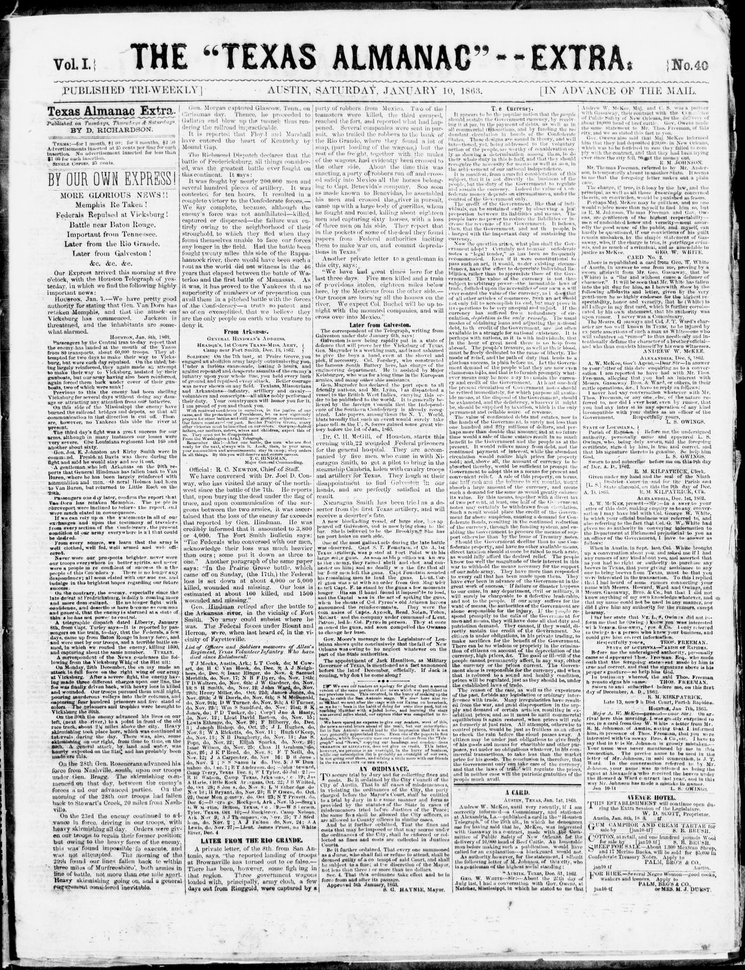 The Texas Almanac -- "Extra." (Austin, Tex.), Vol. 1, No. 40, Ed. 1, Saturday, January 10, 1863
                                                
                                                    [Sequence #]: 1 of 1
                                                