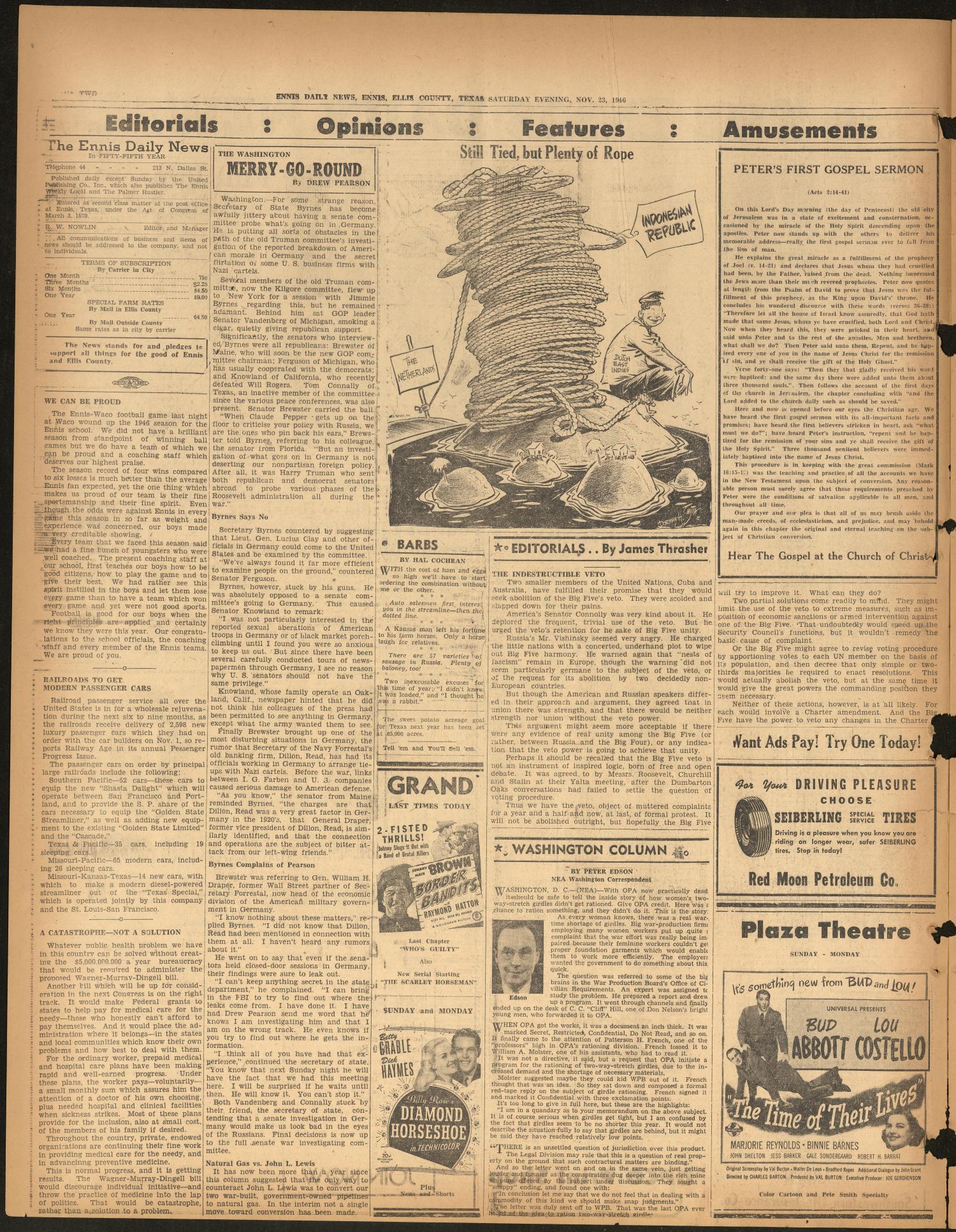 The Ennis Daily News (Ennis, Tex.), Vol. 55, No. 279, Ed. 1 Saturday, November 23, 1946
                                                
                                                    [Sequence #]: 2 of 6
                                                