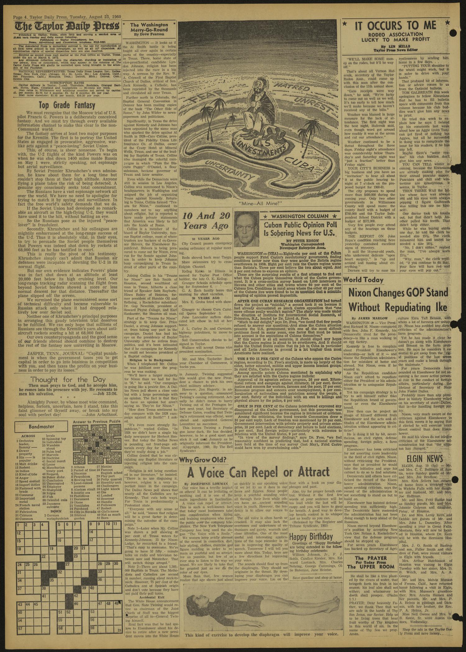 The Taylor Daily Press (Taylor, Tex.), Vol. 47, No. 210, Ed. 1 Tuesday, August 23, 1960
                                                
                                                    [Sequence #]: 4 of 6
                                                