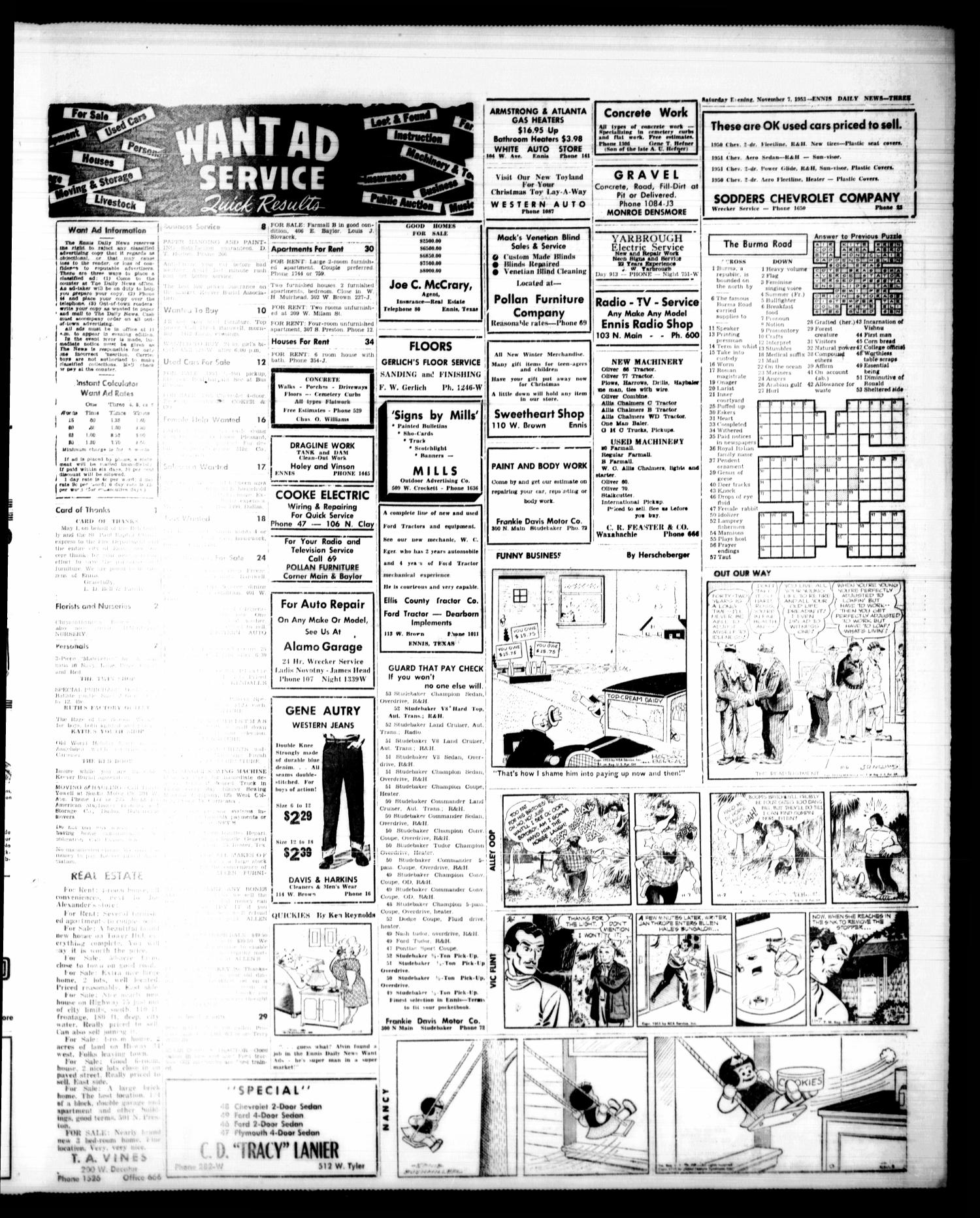 The Ennis Daily News (Ennis, Tex.), Vol. 62, No. 263, Ed. 1 Saturday, November 7, 1953
                                                
                                                    [Sequence #]: 3 of 4
                                                