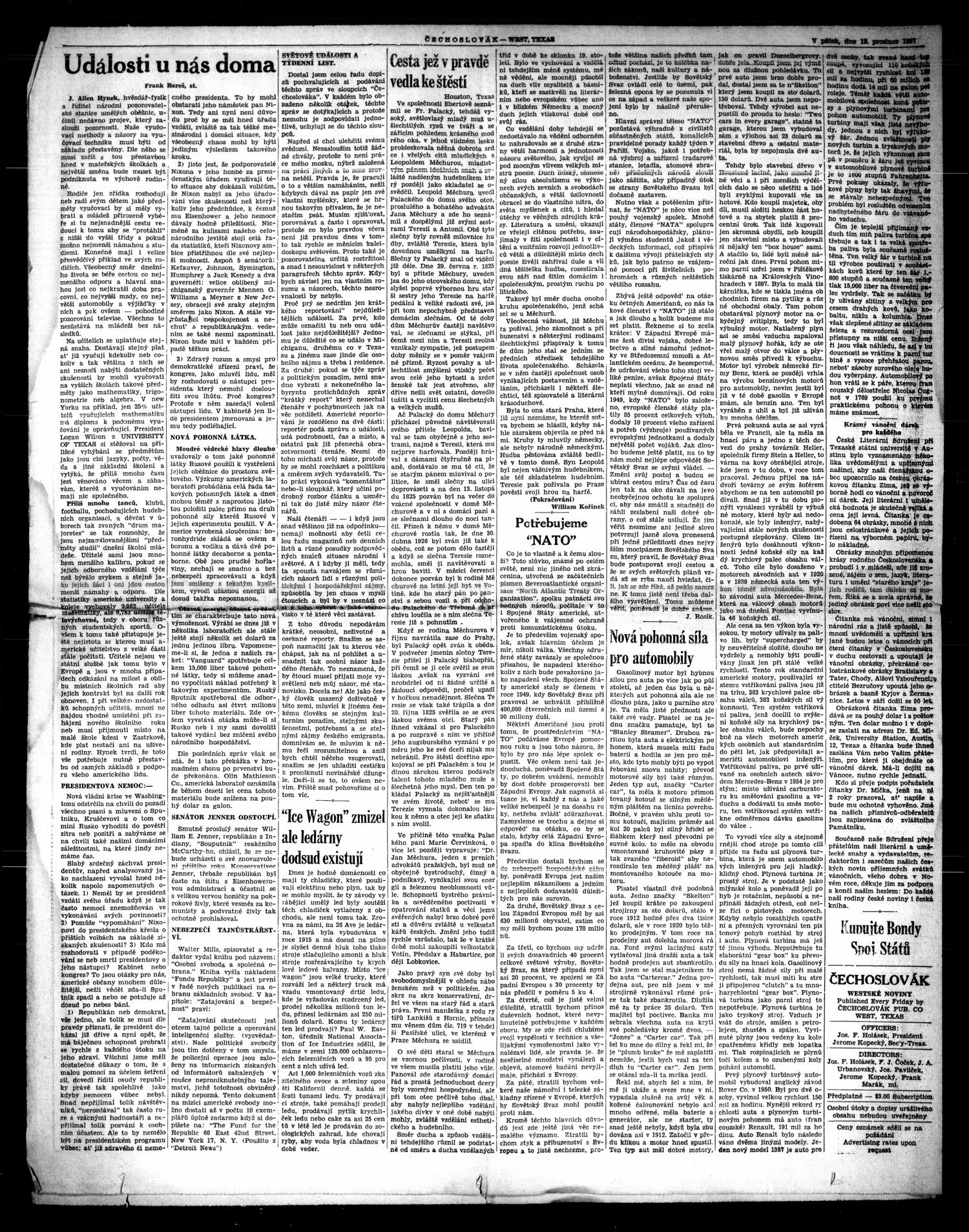 Čechoslovák and Westske Noviny (West, Tex.), Vol. 38, No. 50, Ed. 1 Friday, December 13, 1957
                                                
                                                    [Sequence #]: 4 of 6
                                                