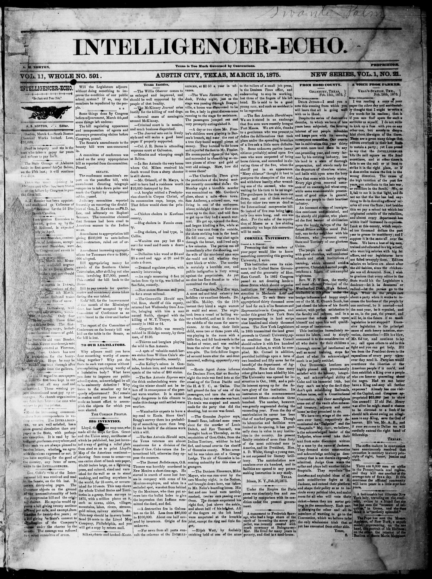 Intelligencer-Echo (Austin, Tex.), Vol. 1, No. 21, Ed. 1, Monday, March 15, 1875
                                                
                                                    [Sequence #]: 1 of 4
                                                
