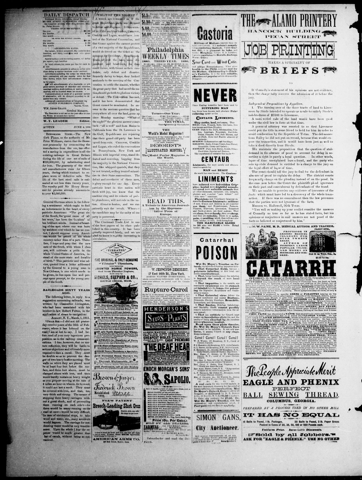 the daily dispatch austin tex vol 1 no 105 ed 1 friday june 4 1880 page 2 of 4 the portal to texas history the portal to texas history unt
