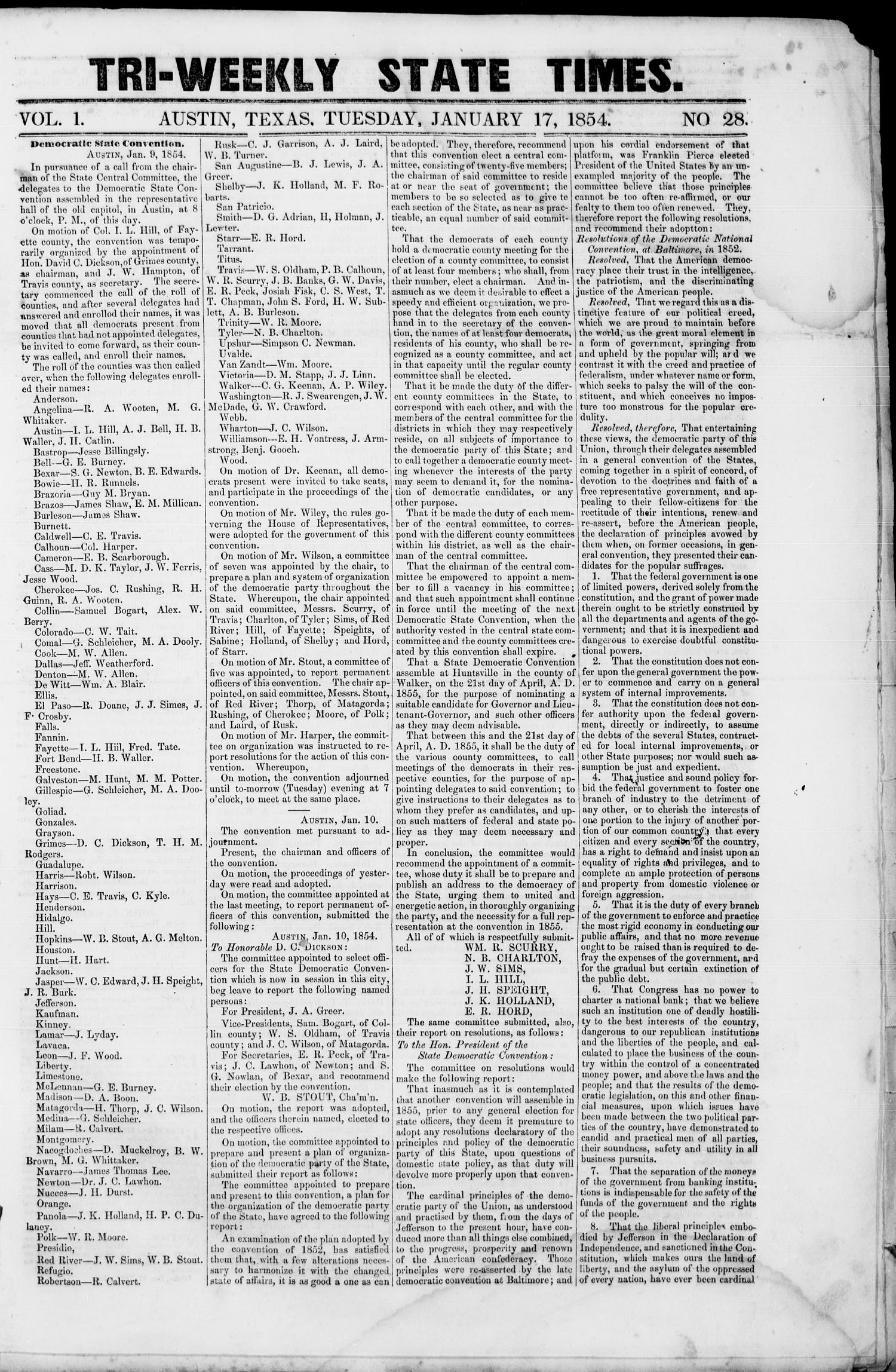 Tri-Weekly State Times (Austin, Tex.), Vol. 1, No. 28, Ed. 1, Tuesday, January 17, 1854
                                                
                                                    [Sequence #]: 1 of 4
                                                